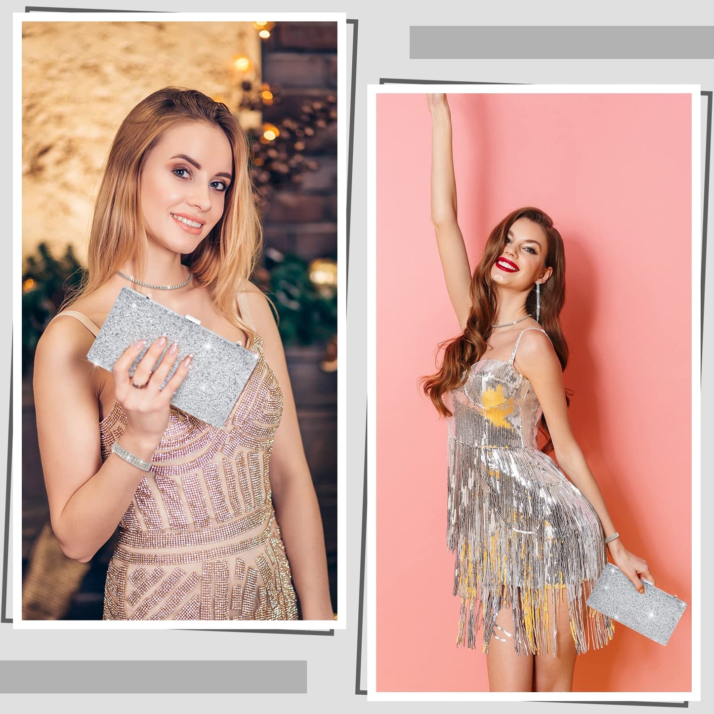 Kigeli 4 Pieces Women Rhinestone Evening Clutch Bag Bling Earring Necklace Bracelet for Wedding Formal(Silver)