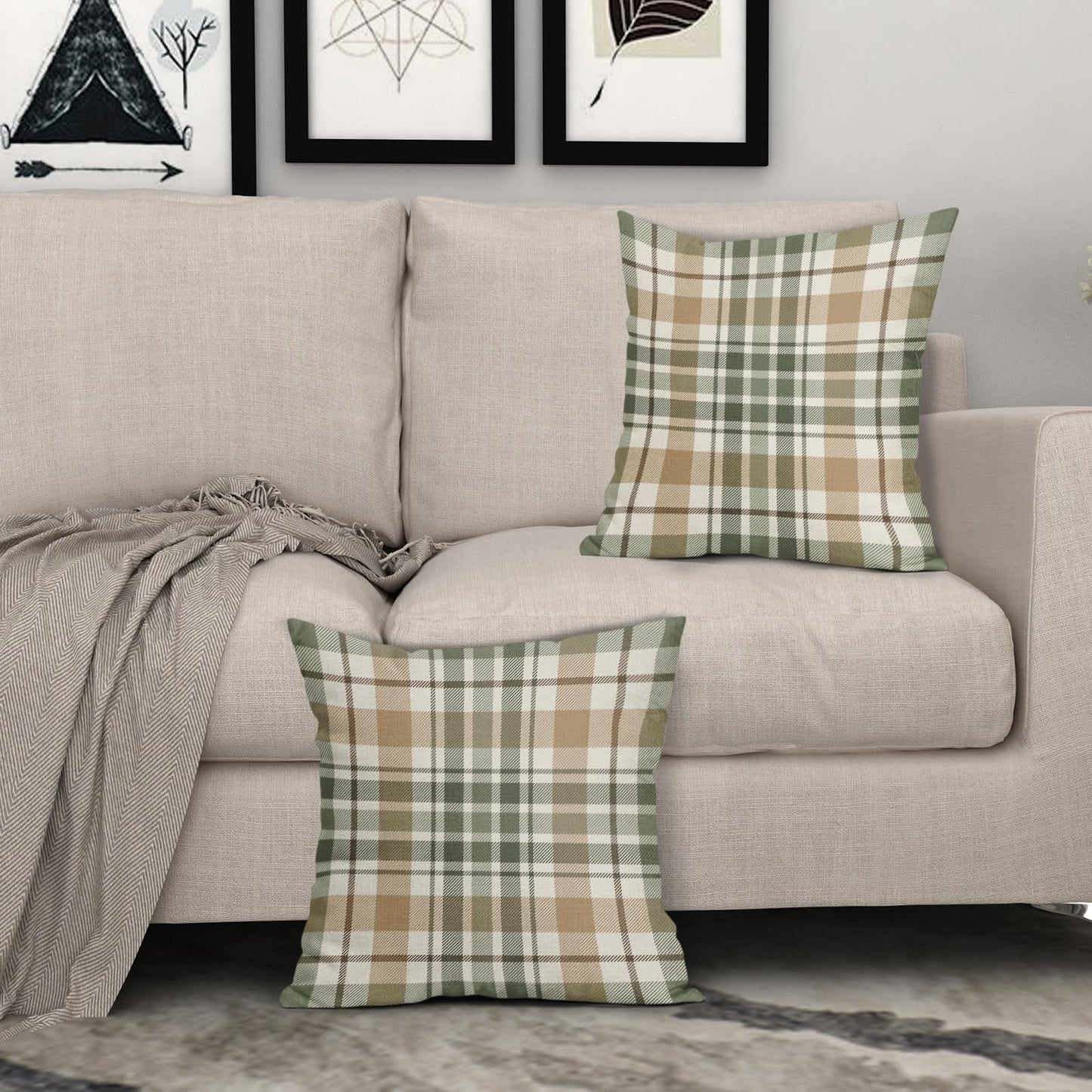 Aytipun Brown Green Spring Plaid Pillow Covers 20x20 Set of 2 Seasonal Tartan Buffalo Plaid Holiday Print Decorative Outdoor Pillowcases Farmhouse Summer Throw Cushion Case Couch Sofa Bed Decor