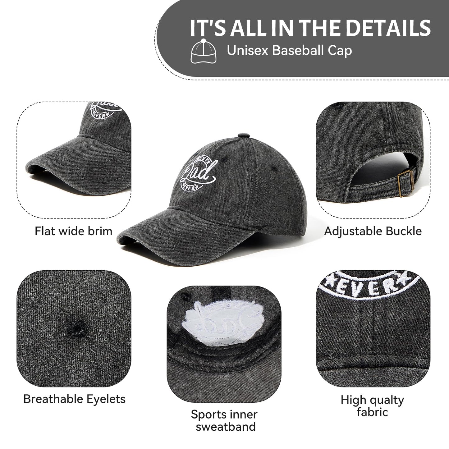 Black Dad Hat Baseball Caps for Men Trucker Adjustable Ponytail Golf Tennis Black Papa Hats Gifts for Dad