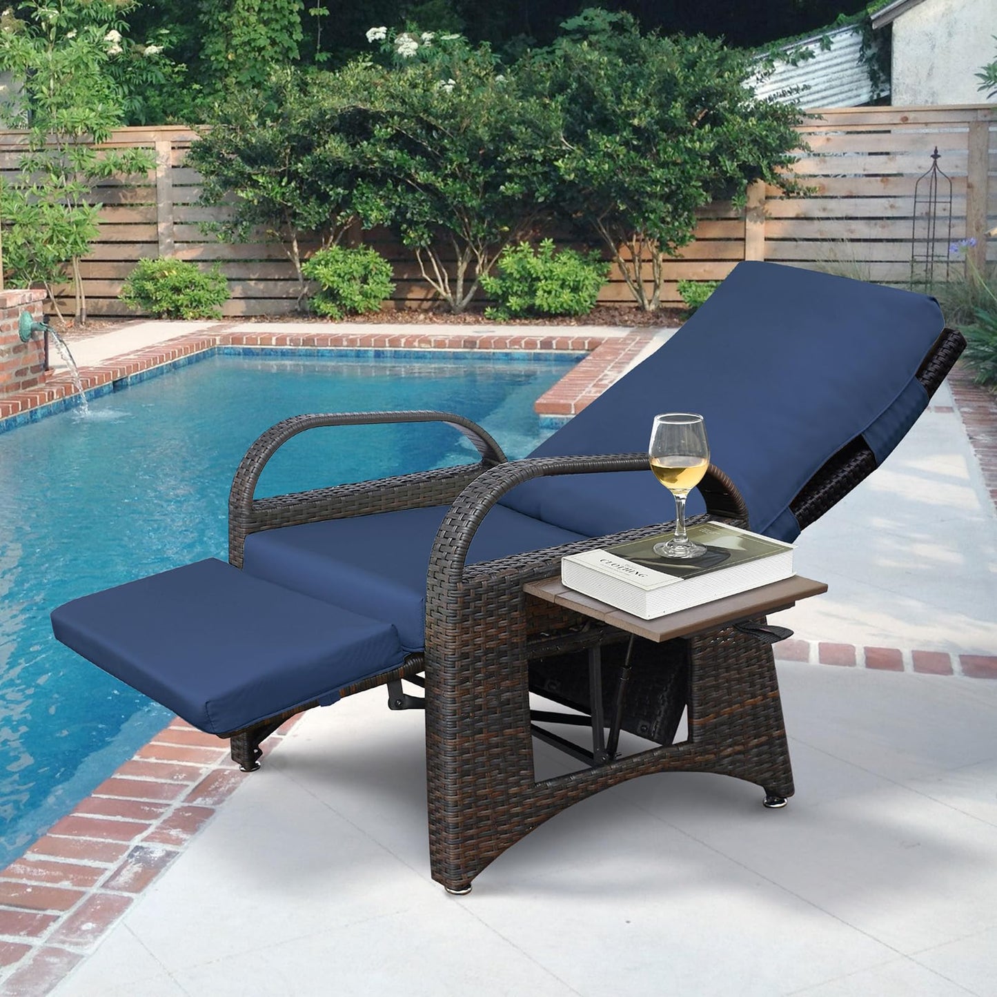 ATR ART TO REAL Outdoor Recliner Chairs, PE Wicker Reclining Lounge Chair with Removable Soft Cushion, Adjustable Outside Recliners for Patio, Porch, Poolside, Balcony, Lawn (Navy Blue, 1 PC)