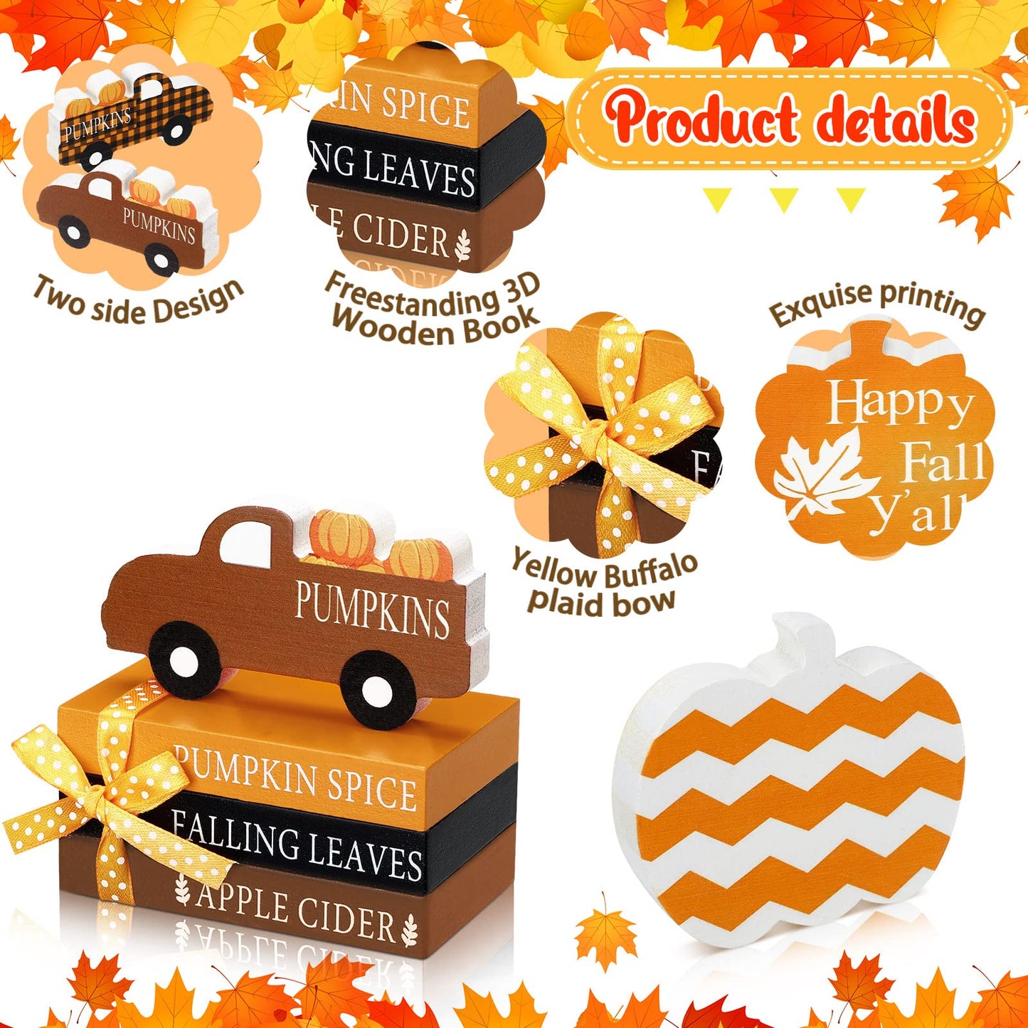 Blulu 5 Pcs Fall Decorations for Home Fall Tiered Tray Decor Thanksgiving Table Decor 3 Mini Faux Decorative Books Bundle with Twine Rustic Wood Pumpkin Truck Signs for Autumn Harvest Office Shelf