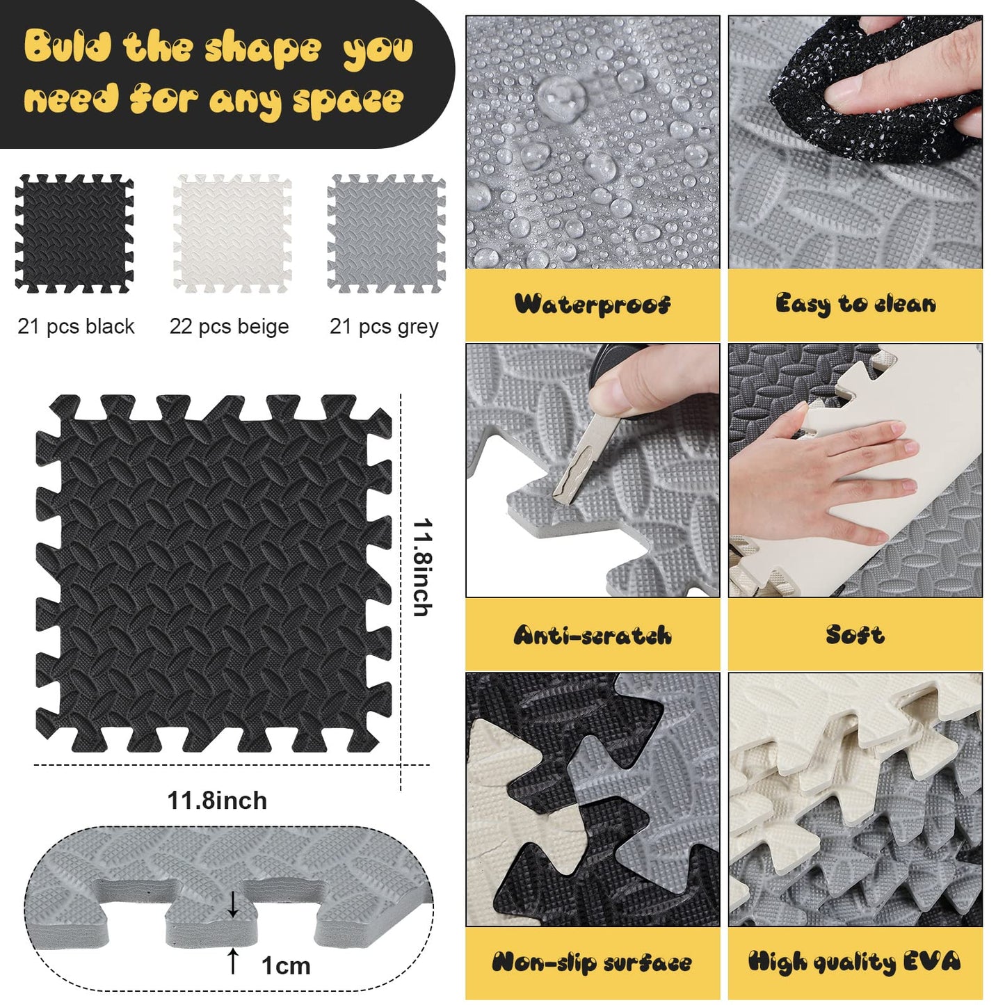 Shihanee Foam Floor Baby Tiles Foam Floor Mats Play Mats Bulk with Borders Interlocking for Kids Baby Playroom Nursery Gym (Black, White and Gray,64ft)