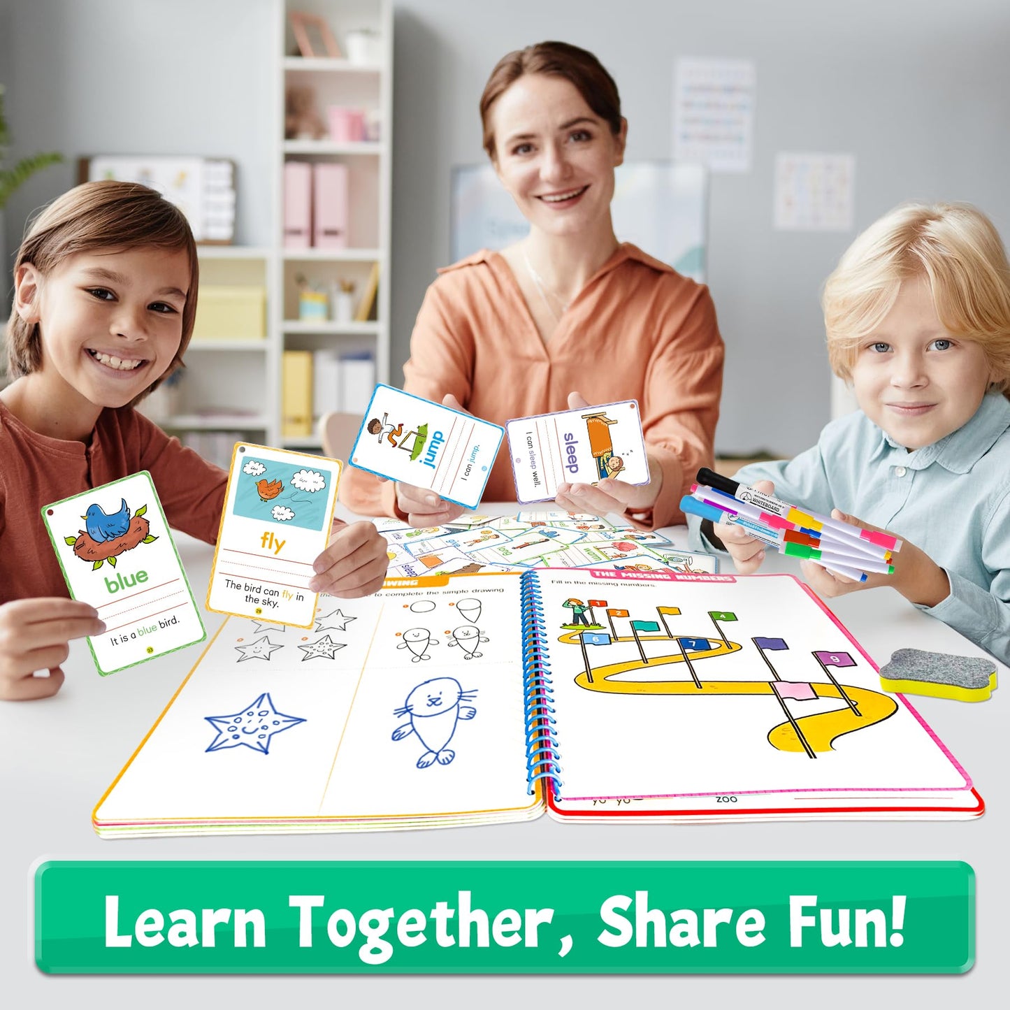 HOQEEWIPE Preschool Learning Activities - 60 Reusable Cards, Pre-K Kindergarten Workbook, Autism Supplies Montessori Educational Game, Sight Words & Handwriting Practice Book for Kids Ages 3 4 5 6