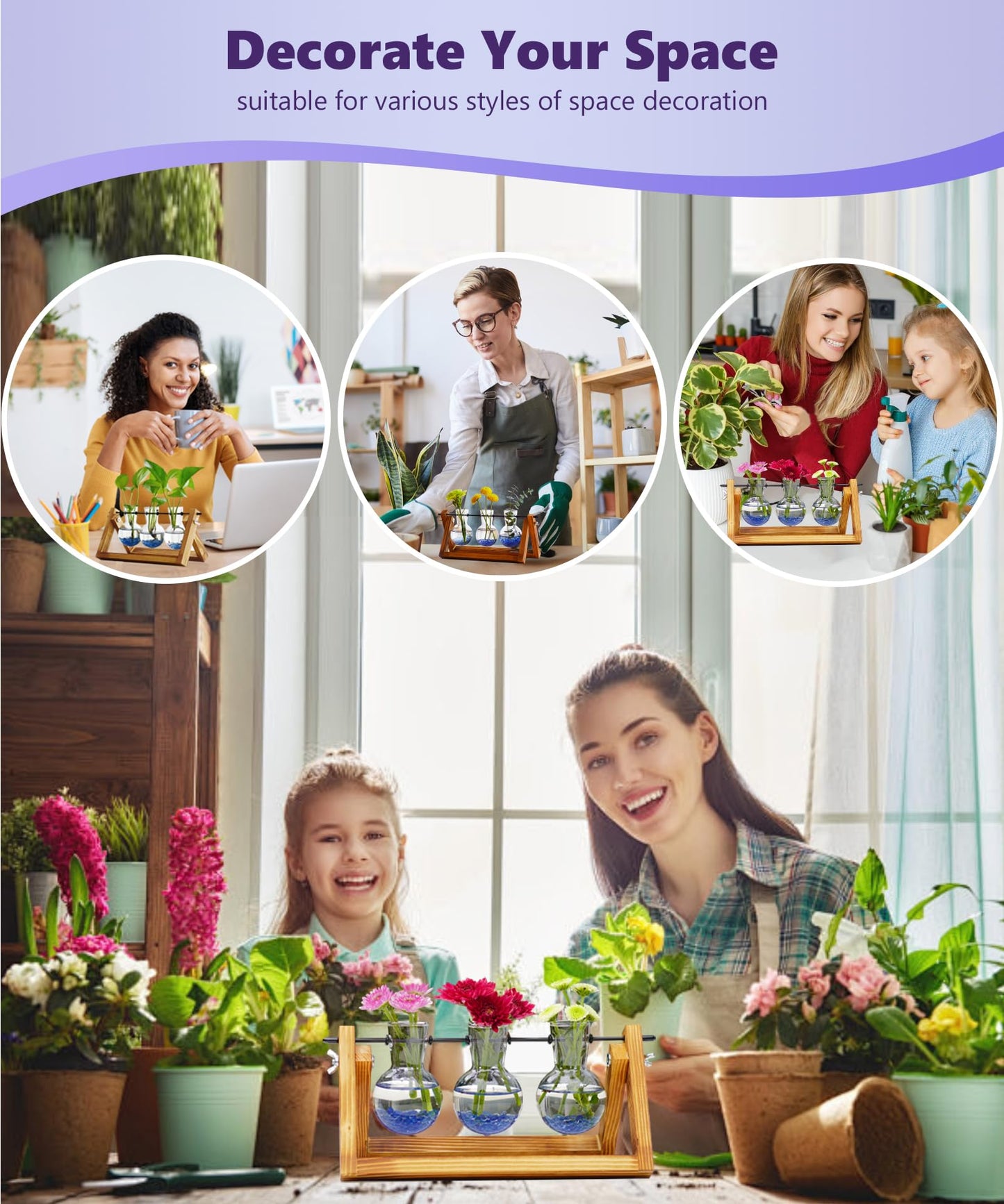 Nacome Plant Terrarium for Office Decor: Wooden Stand Tabletop Planter 3 Bulb Glass Vase Metal Swivel Holder for Hydroponics Indoor Home - Birthday Gifts for Women Mom Grandma