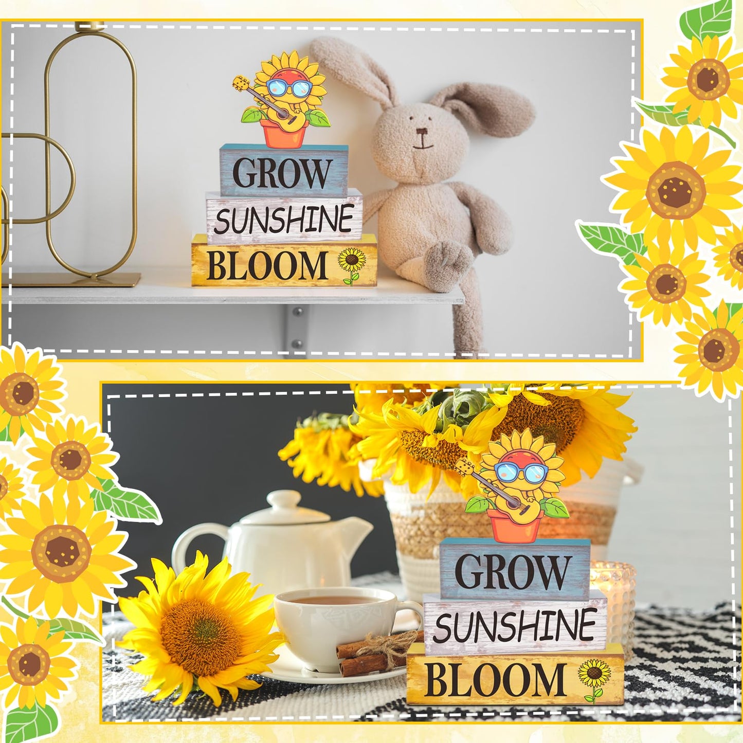 4 Pcs Sunflower Decor for Summer Wooden Tiered Tray Sign – Table Decorations Musician Sunflower Book Stack Block Sunshine Table Centerpiece for Home, Parties & Sunflower Gifts for Women