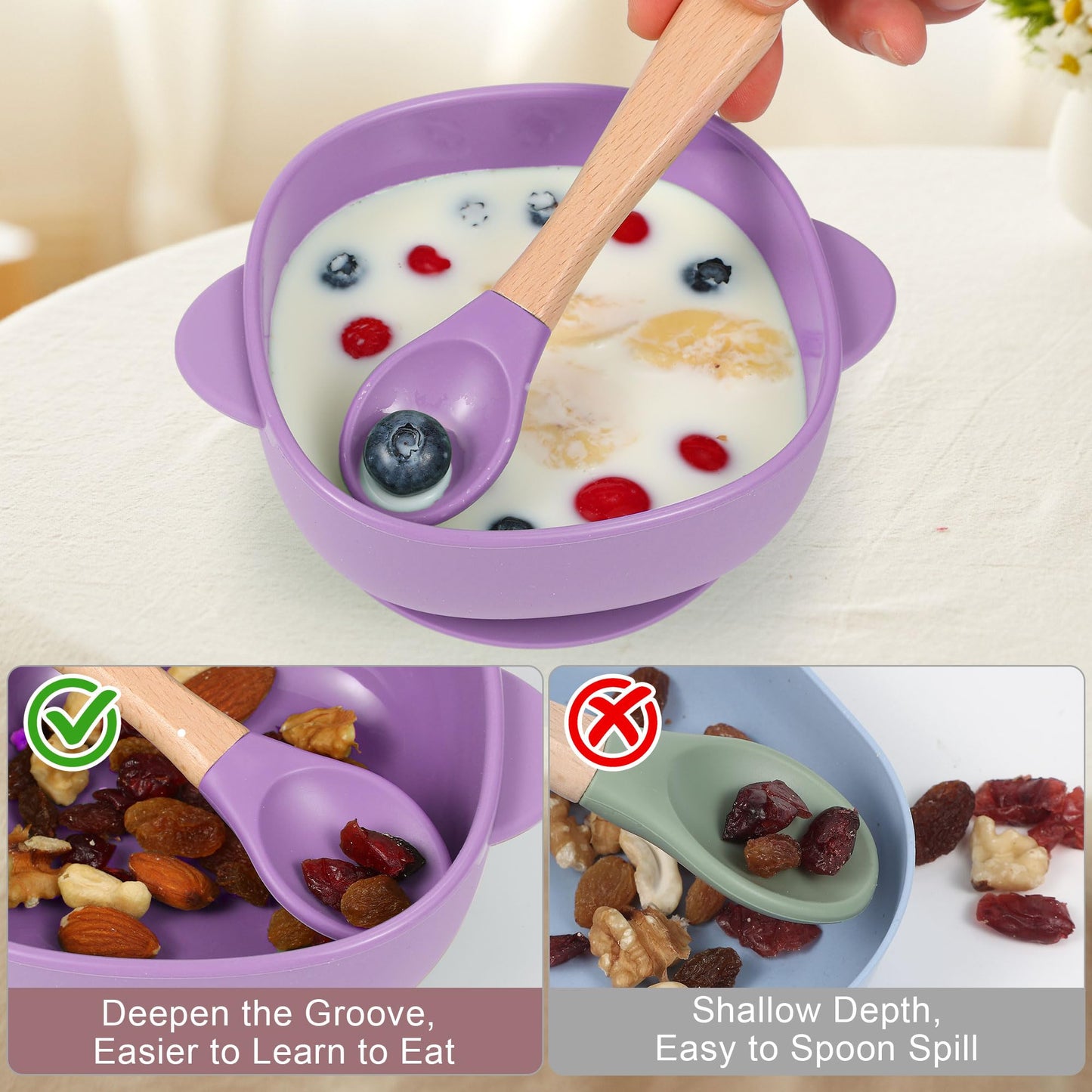 Silicone Baby Feeding Set, Baby Led Weaning Supplies, Silicone Suction Butterfly Plate, Bowl, Spoons, Fork and Waterproof Bib & Cloth Bib, Eating Utensils Baby Feeding Essentials (Purple)