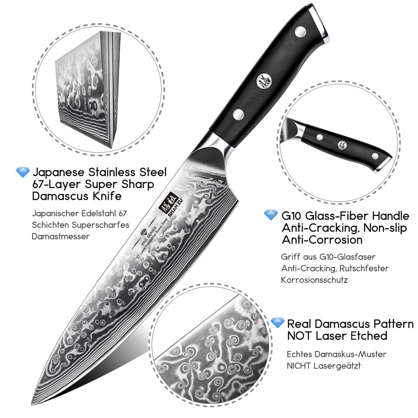 SHAN ZU Damascus Knife Set, Japanese Super Steel 3 PCS Damascus High Carbon Professional Ultra-Sharp Kitchen Chef Knife Set with G10 Handle Gift Box