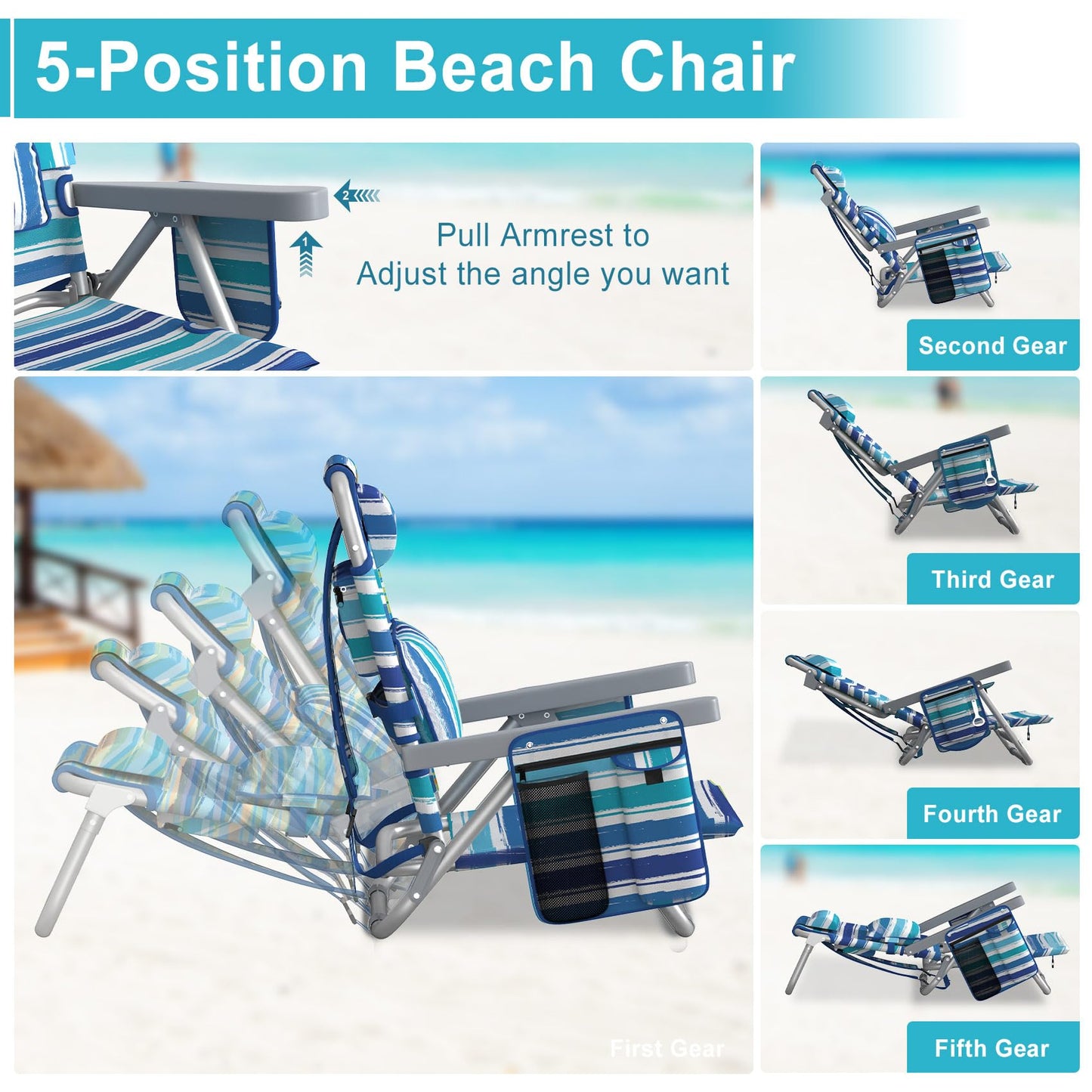 Suteck Beach Chair, Adjustable 5-Position Backpack Beach Chairs for Adults Kids, Foldable Lay Flat Chair with Cooler Bag, Cup Holder and Lumbar Pillow, Reclining Lay Down Chairs for Lawn Outdoor