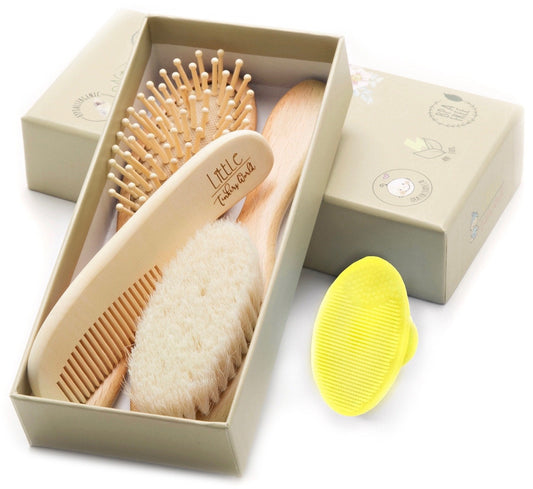 Baby Hair Brush and Comb Set for Newborn Wooden 4 Piece Soft Bristle Baby Brush and Comb Set for Newborn Girl Boy and Toddler Soft Cradle Cap New Born Infant Hair Brushes Perfect Baby Registry Gift
