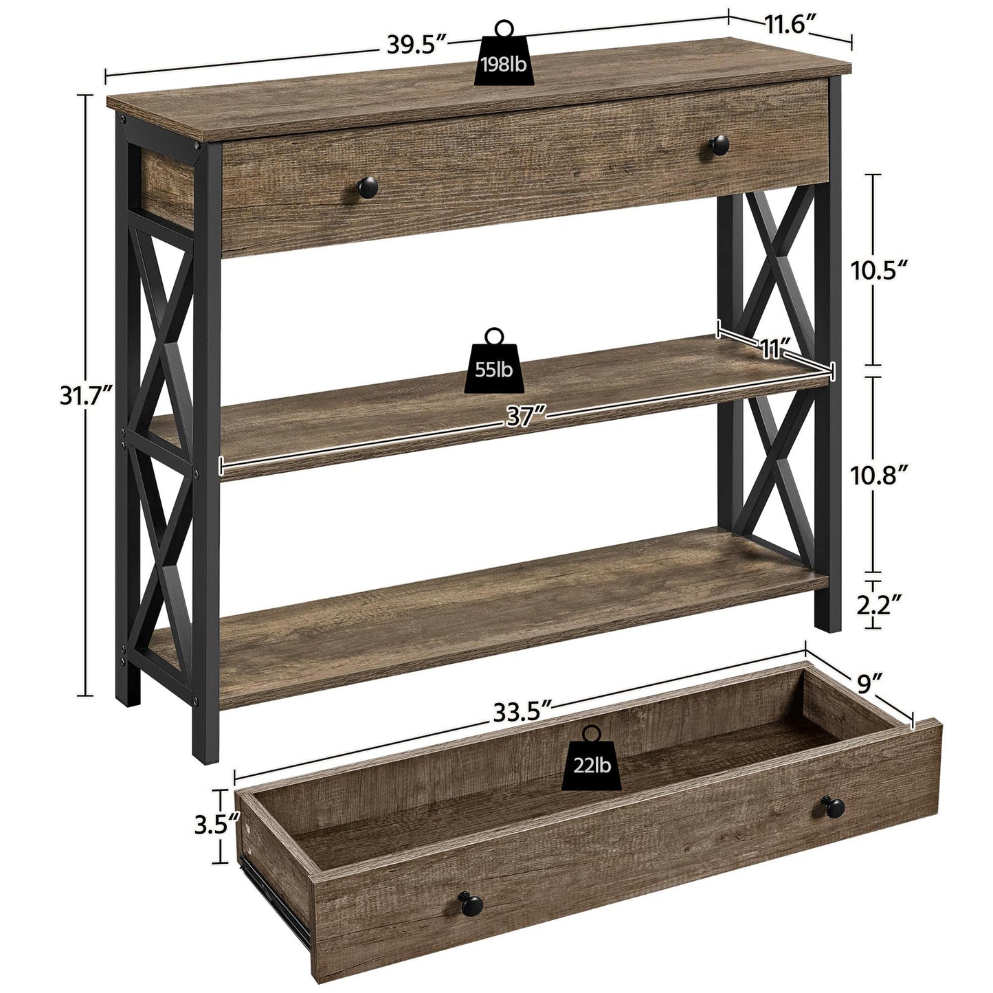Yaheetech Console Table with Drawer and 2 Open Storage Shelves, Sofa Table for Living Room, 3-Tier Narrow Entryway Table, X-Shaped Design, Taupe Wood