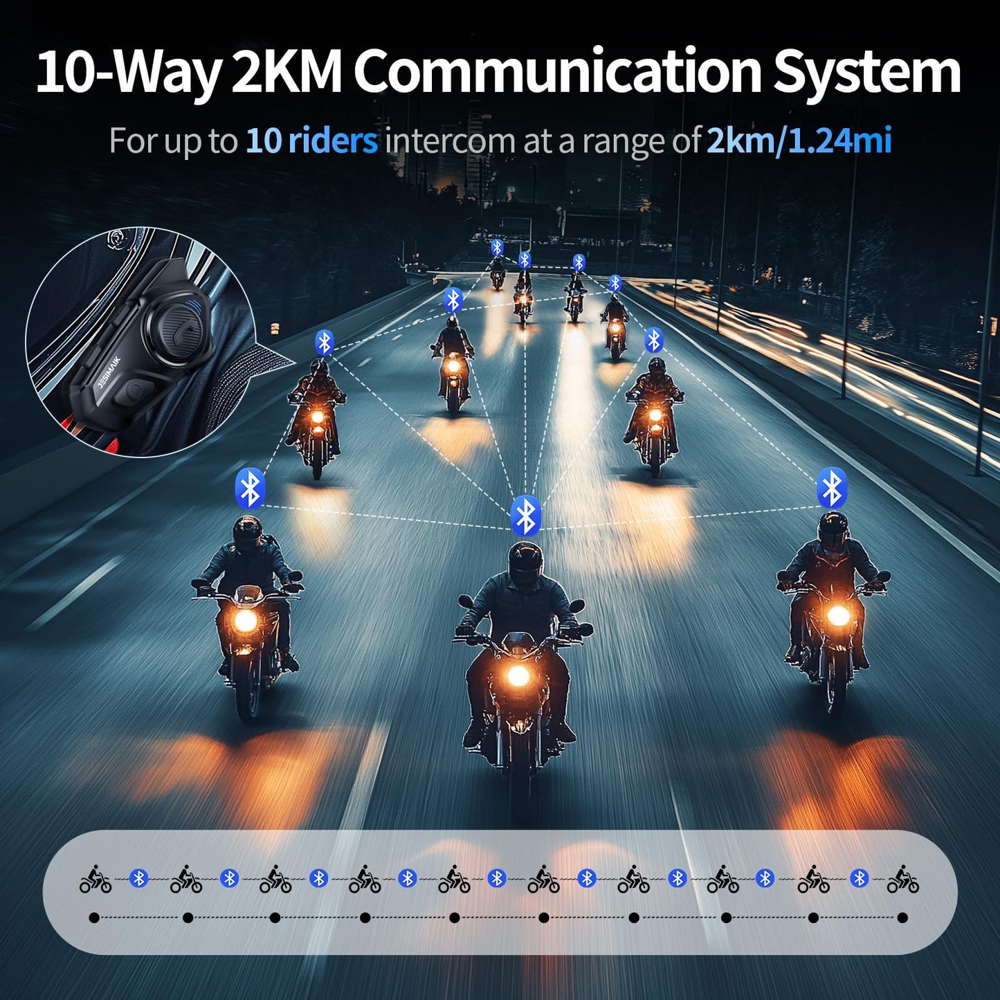 JESIMAIK Motorcycle Helmet Bluetooth Headset, 10 Way 2KM Helmet Communication System, Multitasking Audio Motorcycle Intercom, 2 Mics&40mm Helmet Speaker, 2 Pack