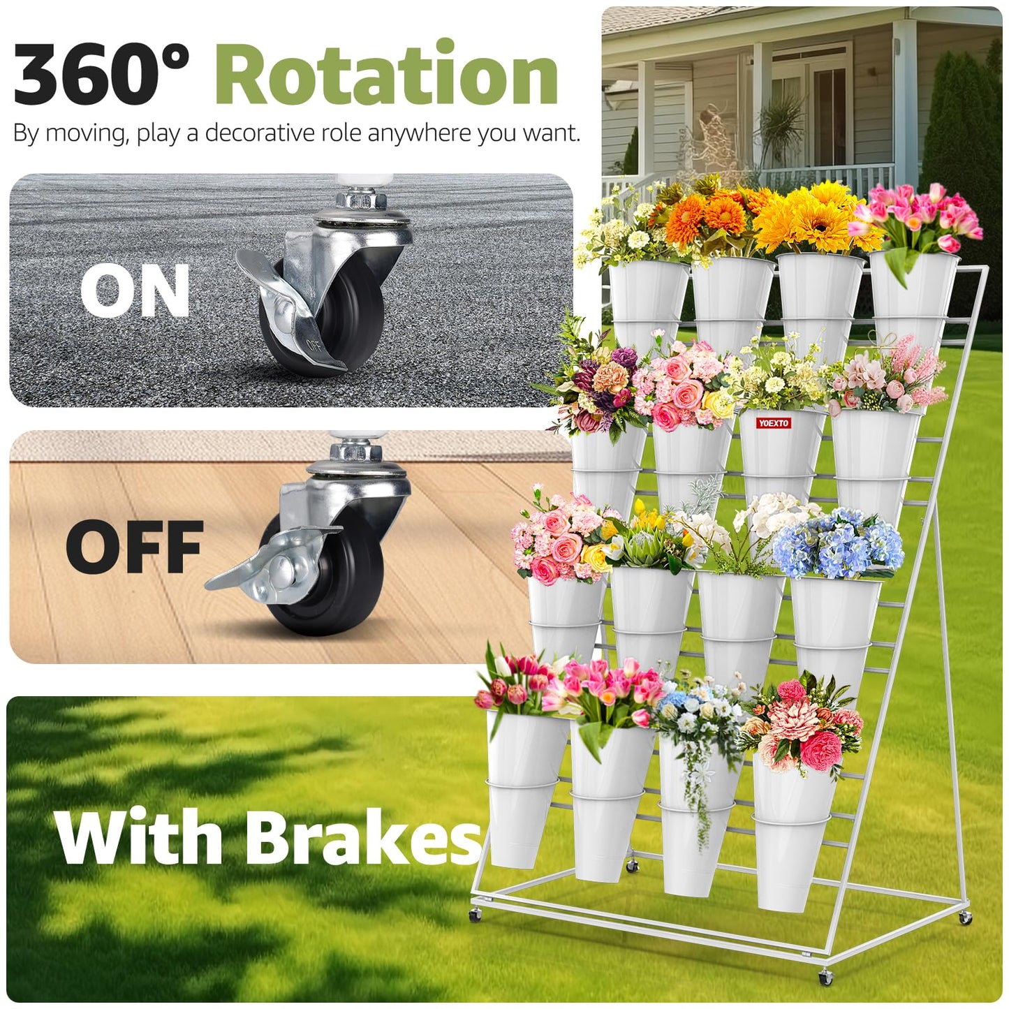 YOEXTO Flower Display Stand 4 Layers with 16 PCS Round Buckets, Plant Stand with Wheels, Movable Metal Plant Stand for Terrace Garden, Florist Shop
