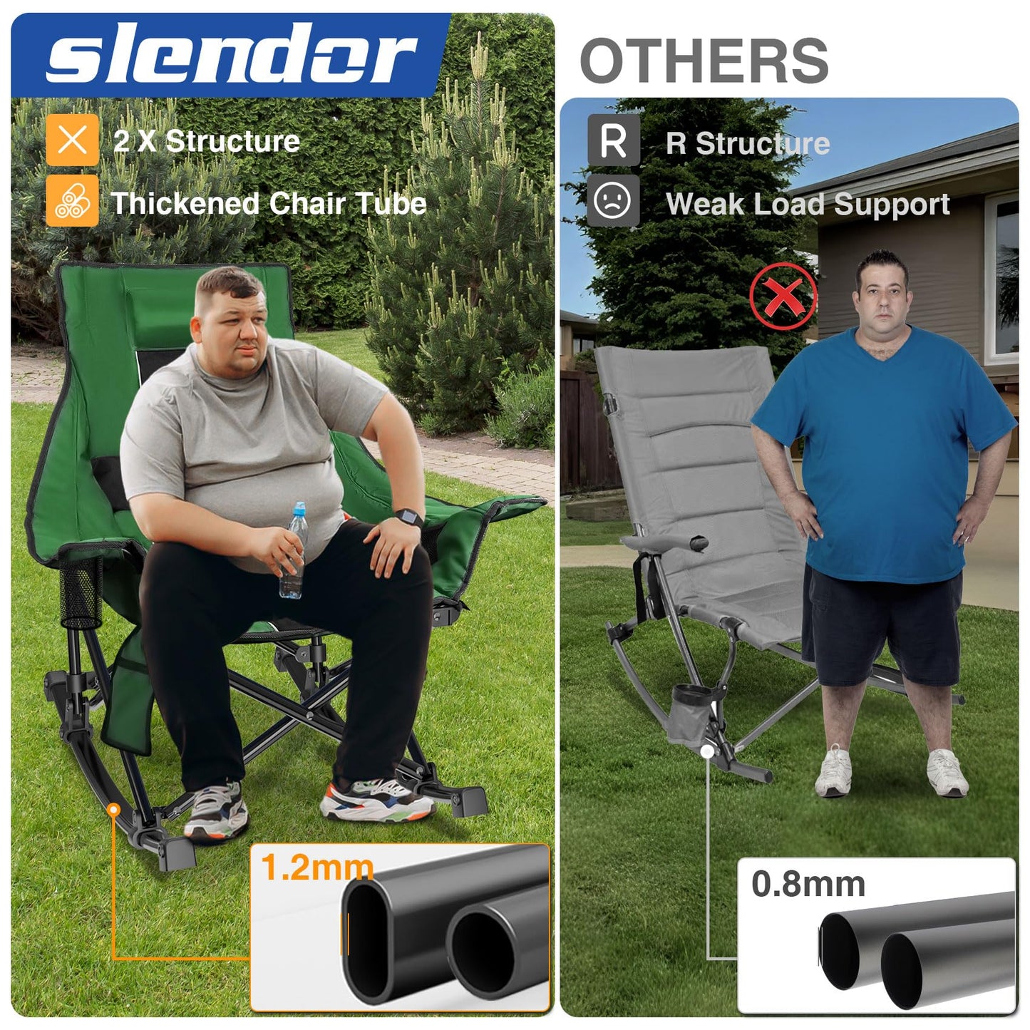 Slendor Oversized Rocking Camping Chair, Heated Camping Chair with 3 Heat Levels, Portable Outdoor Rocker Chair, High Back, Pillow, Carry Bag, Padded, Supports 330 lbs, Green