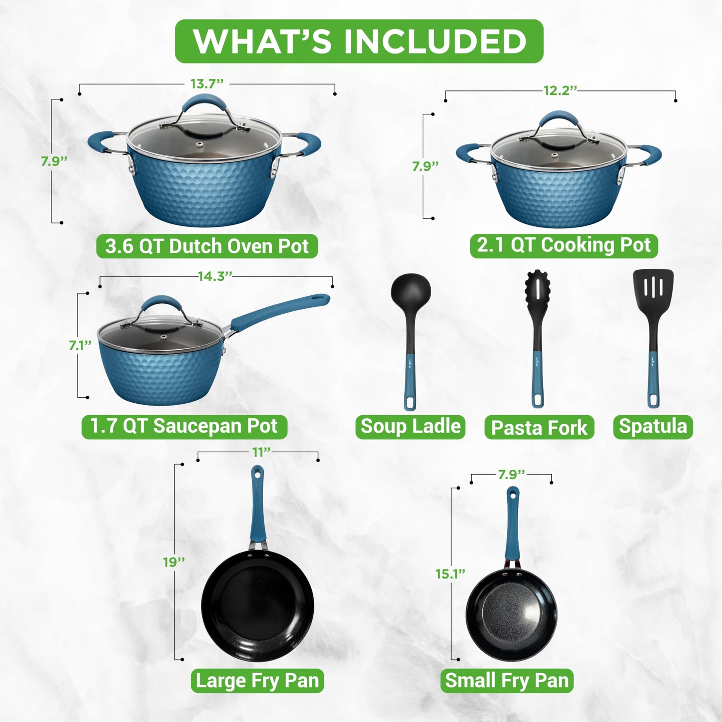 NutriChef 11 Pc Ceramic Cookware Set - Excilon Blue Diamond, Nonstick, Induction Ready, Includes Saucepan, Fry Pans, Dutch Oven, Utensils, Dishwasher Safe - NCCW11BD.7