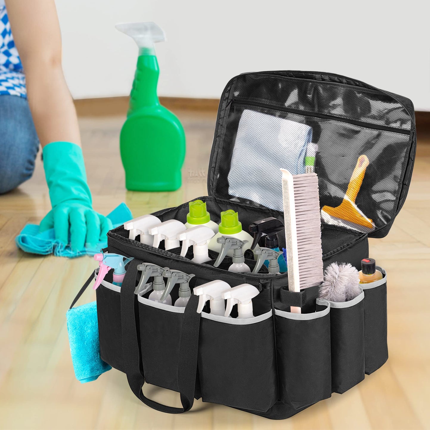 HODRANT Extra-Large Cleaning Caddy with EVA Hard Bottom, High Capacity Cleaning Supplies Organizer for Housekeeping & Home Work, Car Detailing Tools Tote Bag with Shoulder Strap, Patent Design