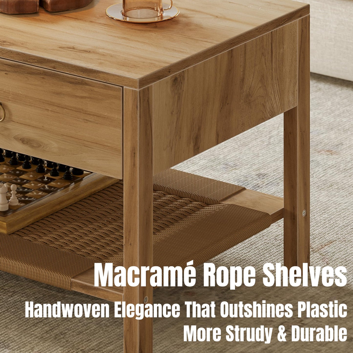 Dowinx Boho Coffee Table with Storage, 42" Wood Coffee Table for Living Room, 2 Storage Drawers and Open Rattan Shelf, Rectangular Living Room Coffee Tables Oak