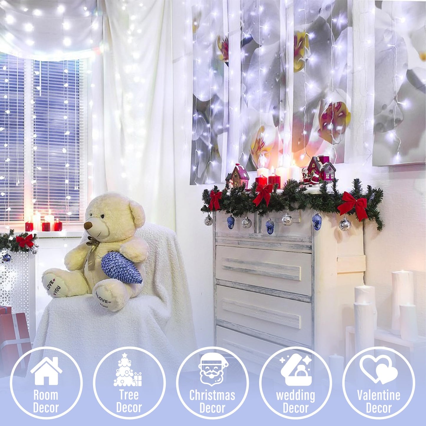 JMEXSUSS 66ft 200 LED White Christmas Lights Indoor Bedroom, Connectable White String Lights Outdoor Clear Wire, 8 Modes Twinkle String Lights Plug in for Room Tree Wedding Christmas Decoration
