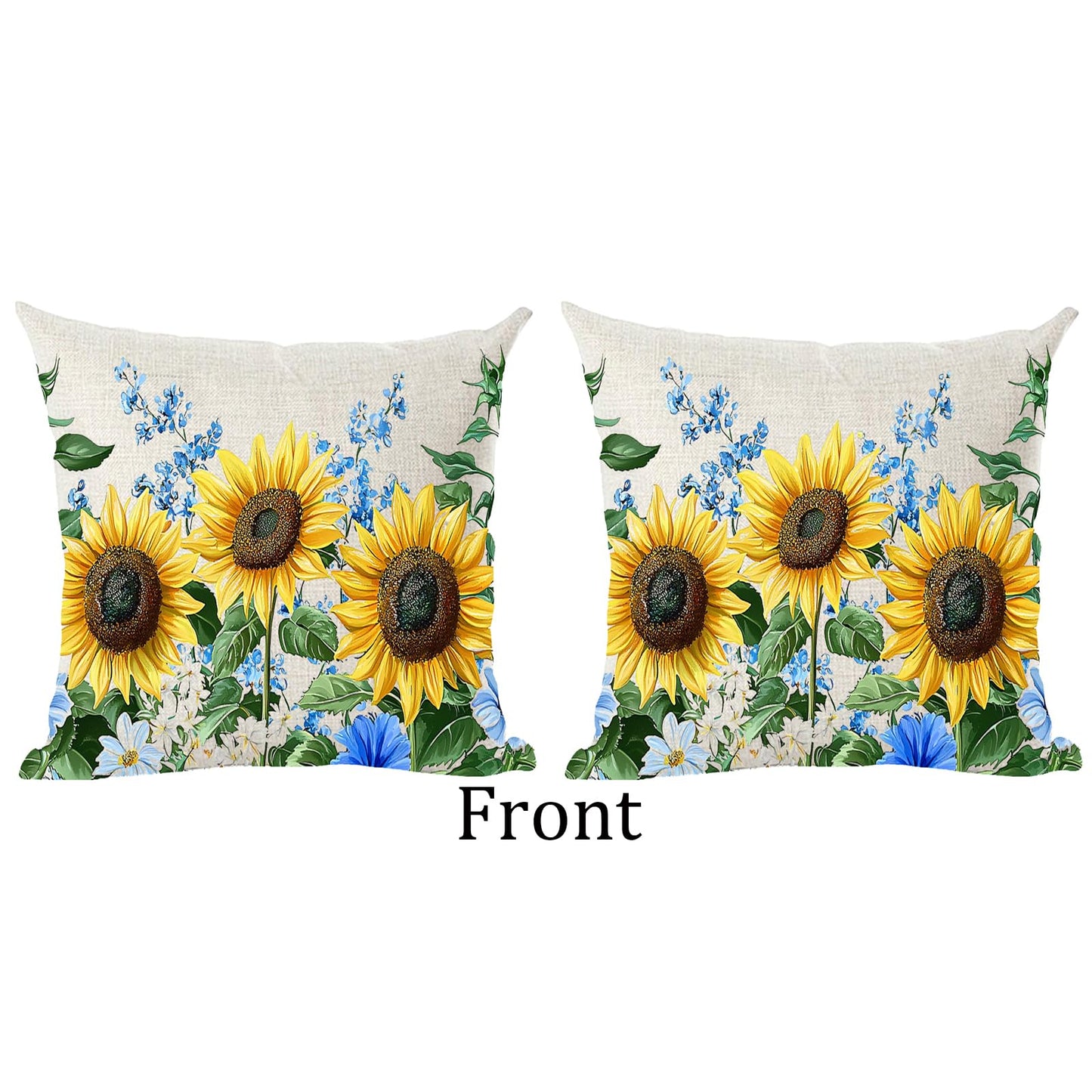 Ramirar Set of 2 Ink Painting Watercolor Yellow Sunflowers Blue Flowers Summer Decorative Throw Pillow Cover Case Home Living Room Bed Sofa Car Cotton Linen Square 18 x 18 Inches