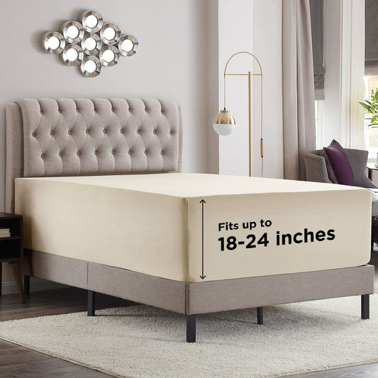 Empyrean Beige Cream Extra Deep Pocket King Fitted Sheet Only, Hotel Luxury King Size Fitted Sheets Easily Fits 18 to 24 Inch Mattress, Super Soft, Wrinkle-Free Bottom Sheets with Corner Straps