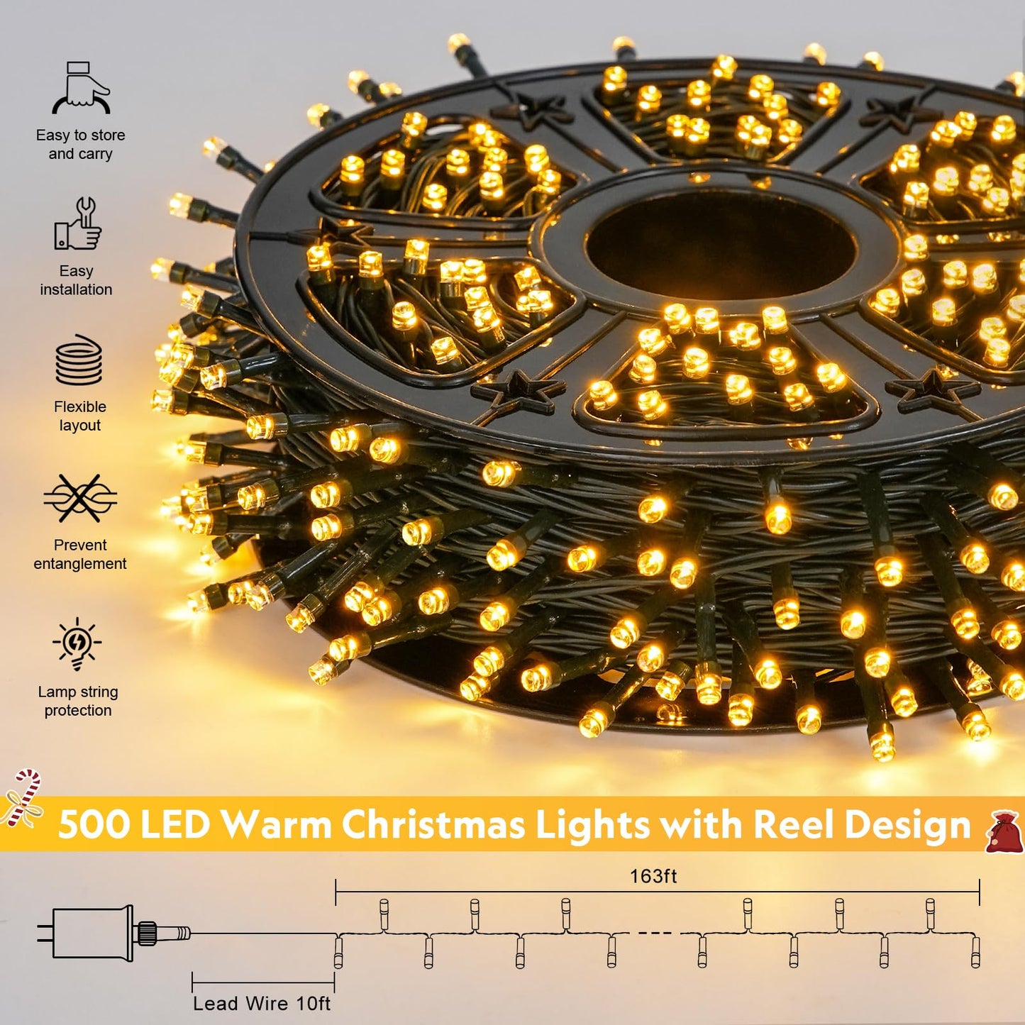 JMEXSUSS 500 LED Christmas Lights Outdoor, 173ft Warm White String Lights for Outside, 8 Modes Plug in Christmas Tree Light for Holiday Tree Indoor Ceiling House Decorations