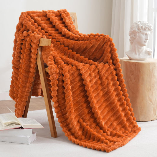 Excervent Solid Striped Flannel Fleece Blanket (50x70 inches, Burnt Orange) Cozy Throw Blankets for Couch Sofa and Bed, Super Soft Luxurious Warm Blankets for Household Living Room Bedroom