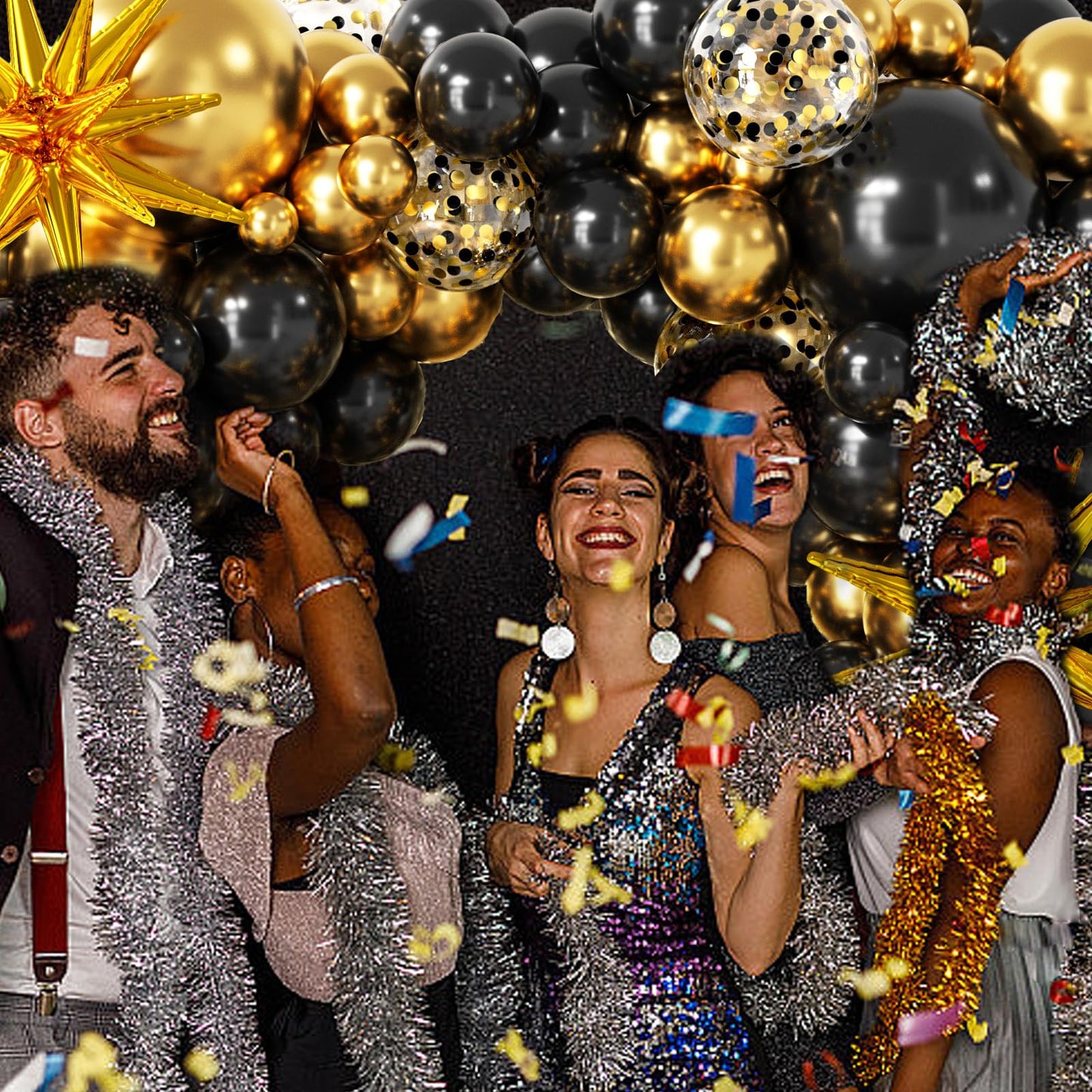 137Pcs Black and Gold Balloons Garland Arch Kit with Stars - 5 10 12 18 inch Black Gold Confetti Latex Party Balloons for 2025 Graduation Retirement Decorations Birthday