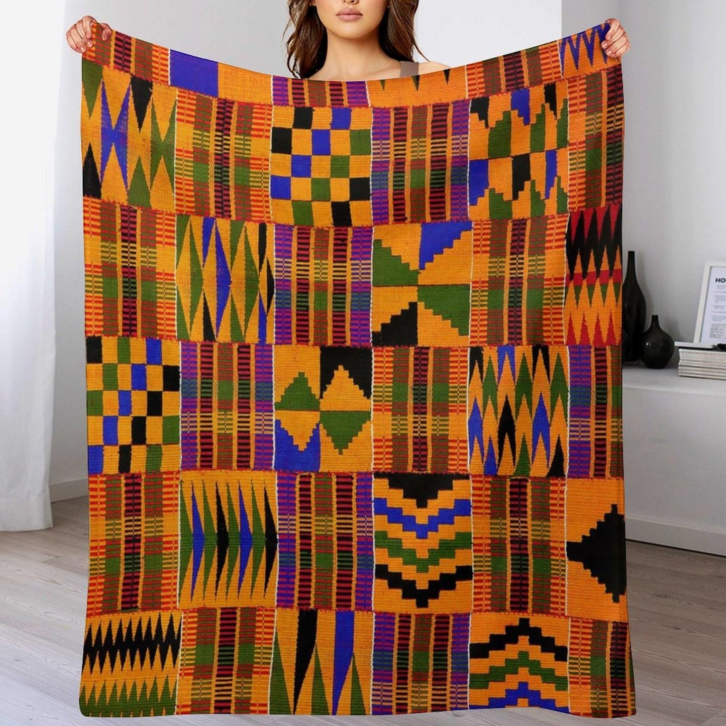African Tribal Ethnic Kente Print Fleece Blanket, Soft Cozy Throw Blanket 50x60 Inches, Lightweight Fuzzy Comfy Flannel Blanket Warm Plush Throw Blankets for Couch, Sofa, Bed