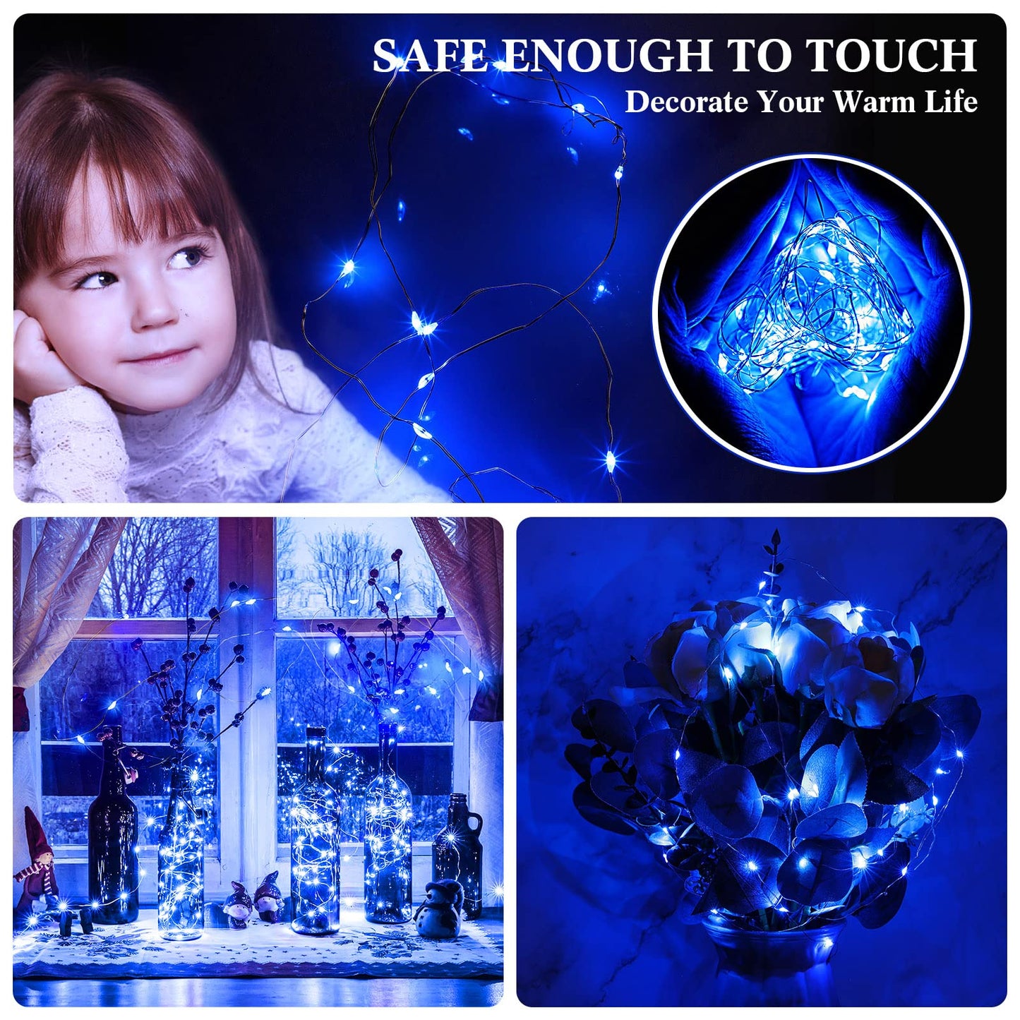 Hortsun 100 Pack Fairy Lights Battery Operated 3 Speed Modes, 7 Ft/ 2 M 20 LED Battery String Mini Waterproof Wire Twinkle Lights Party Favors for Wedding Birthday Vases Flower Decor(Blue Light)