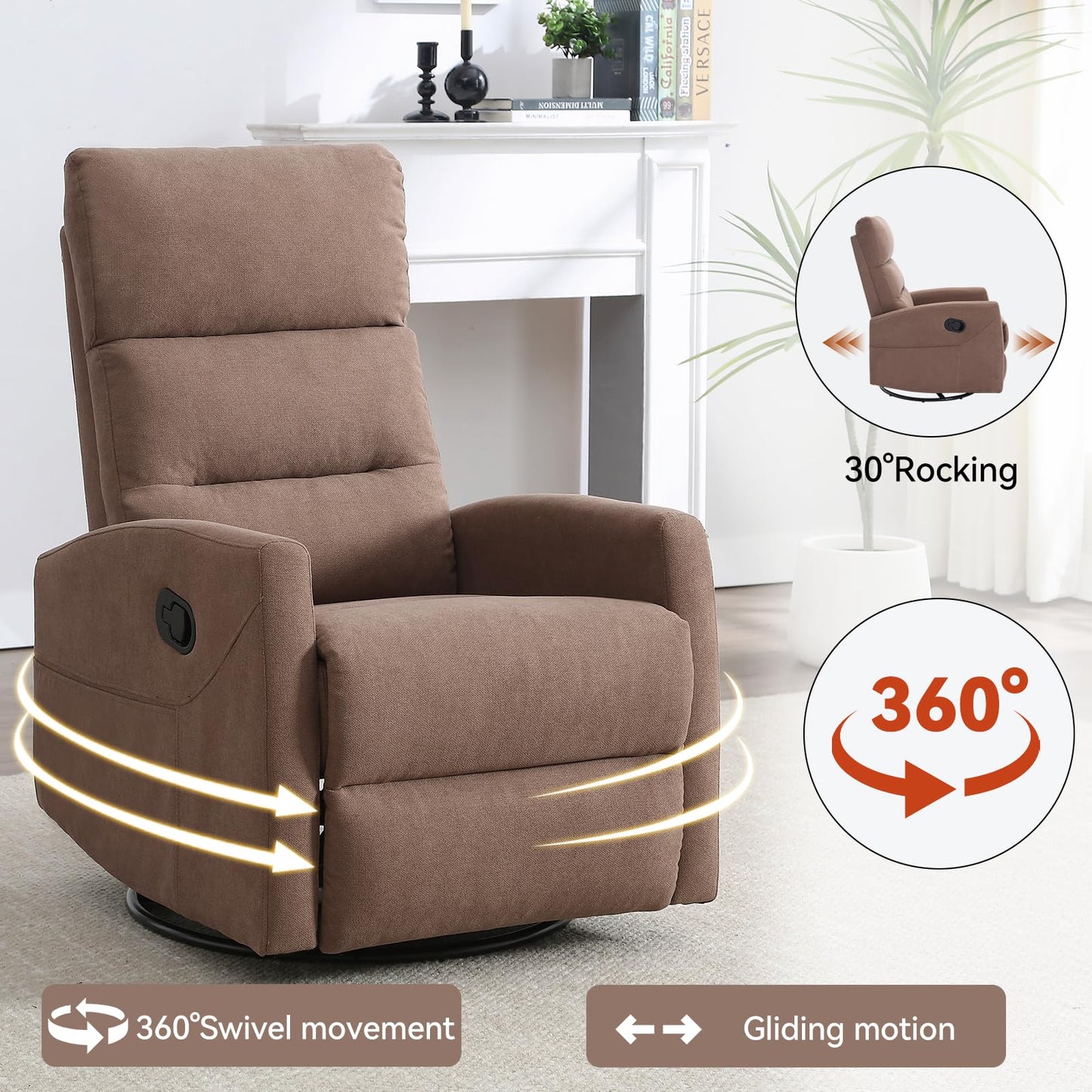 KEIKI Swivel Rocker Recliner Chair with Adjustable Backrest & Pockets, Ergonomic Lounge Sofa Chair for Living Room Bedroom, Brown