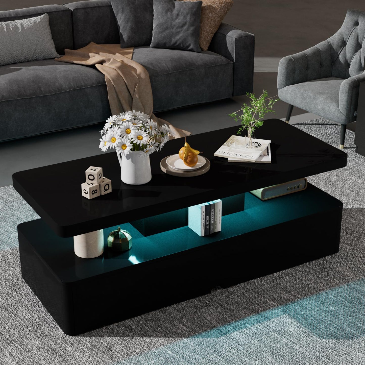 oneinmil Modern LED Coffee Table, 40 Inches Living Room Tables with 16 Colors LED Lights, Double-Layer Design, Stylish Coffee Tables for Living Room, Home, Office, Black