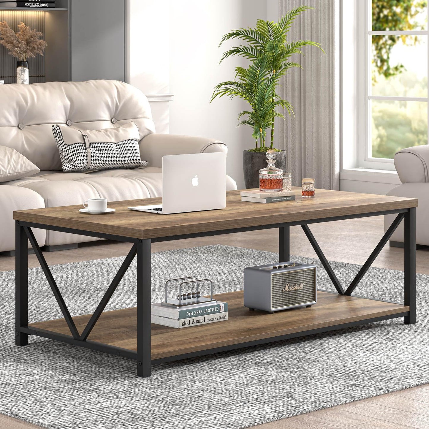 FOLUBAN Modern Coffee Table, Living Room Center Table with Storage, Wood and Metal Cocktail Table, Rustic Oak, 47 Inch