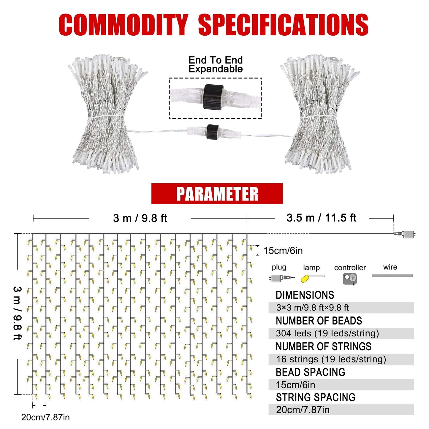 HEYFUNi Curtain Lights,304L 9.8ftX9.8ft 30V 8Modes Safety Window Lights with Memory for Home Wedding Christmas Party Patio Lawn Garden Bedroom Outdoor Indoor Wall Decorations (304LED, Blue) 1
