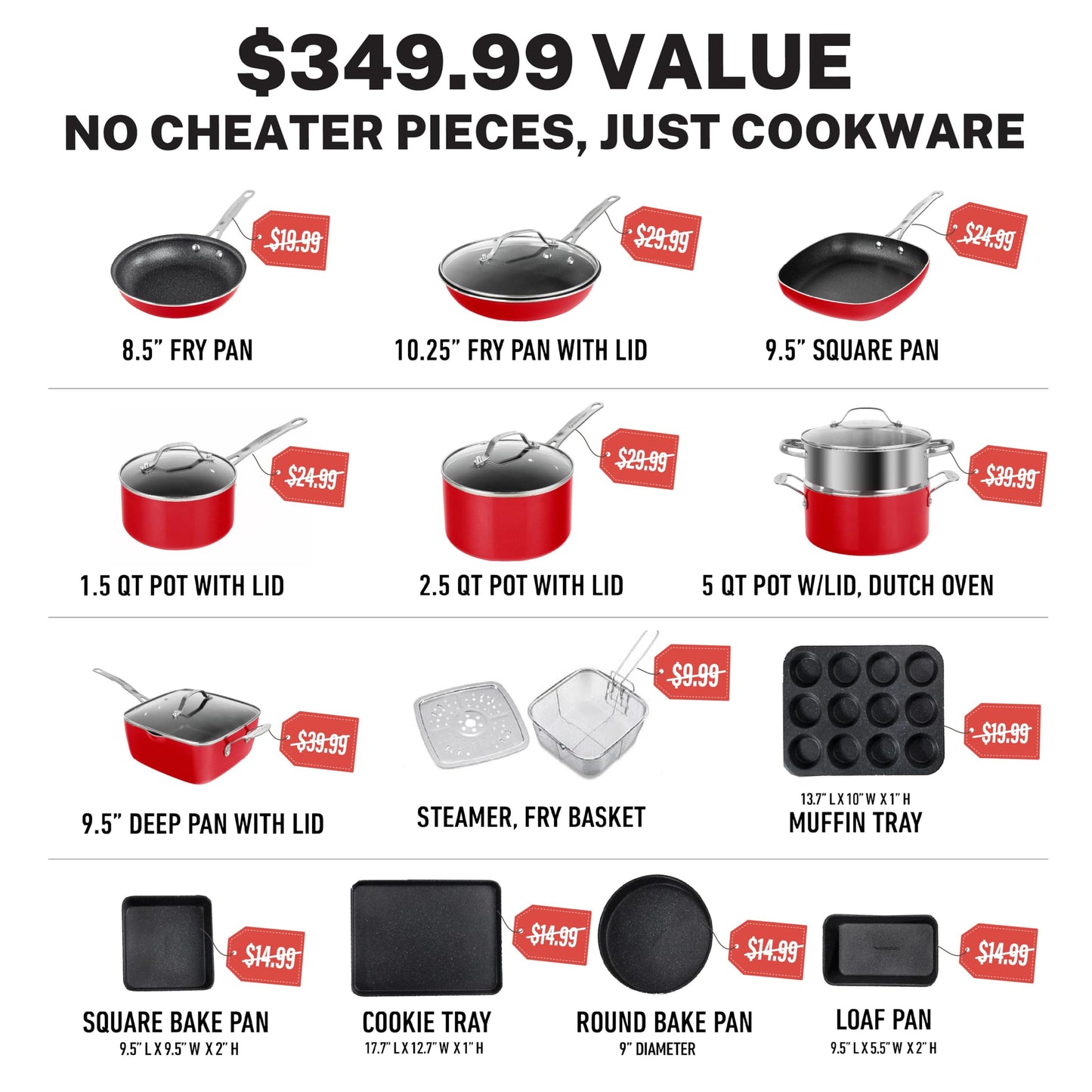 Granitestone Red Pots and Pans Set Nonstick, 20 Pc Kitchen Cookware Set & Bakeware Set with Mineral & Diamond Coating, Long Lasting Nonstick, Ultra Durable, Oven and Dishwasher Safe, 100% Toxin Free