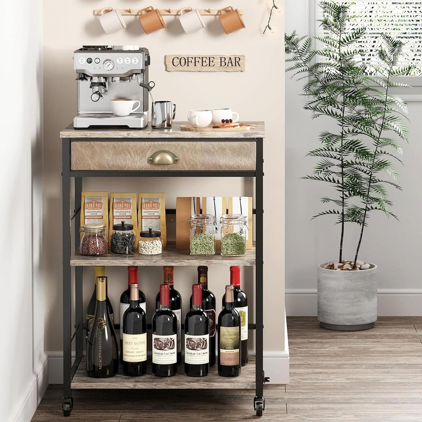 X-cosrack Coffee Bar Cart with Storage, 3-Tier Coffee Table with Drawer for Home Buffets & Sideboards,Coffee Station Corner Table with Rolling Wheels for Kichen, Entryway, Living Room-Patent