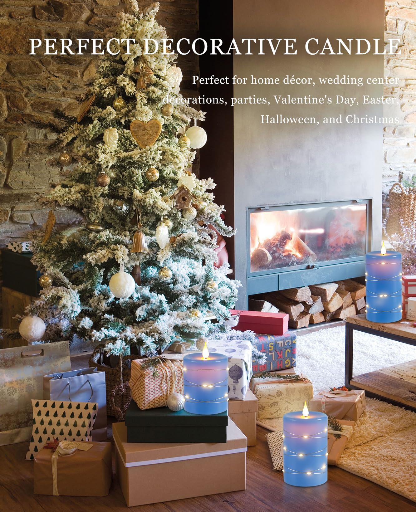 Da by Flameless Candles with String Lights，Battery Operated Candles,LED Flickering Candles with Remote Control and Timer, Real Wax, 3 Pack-Blue