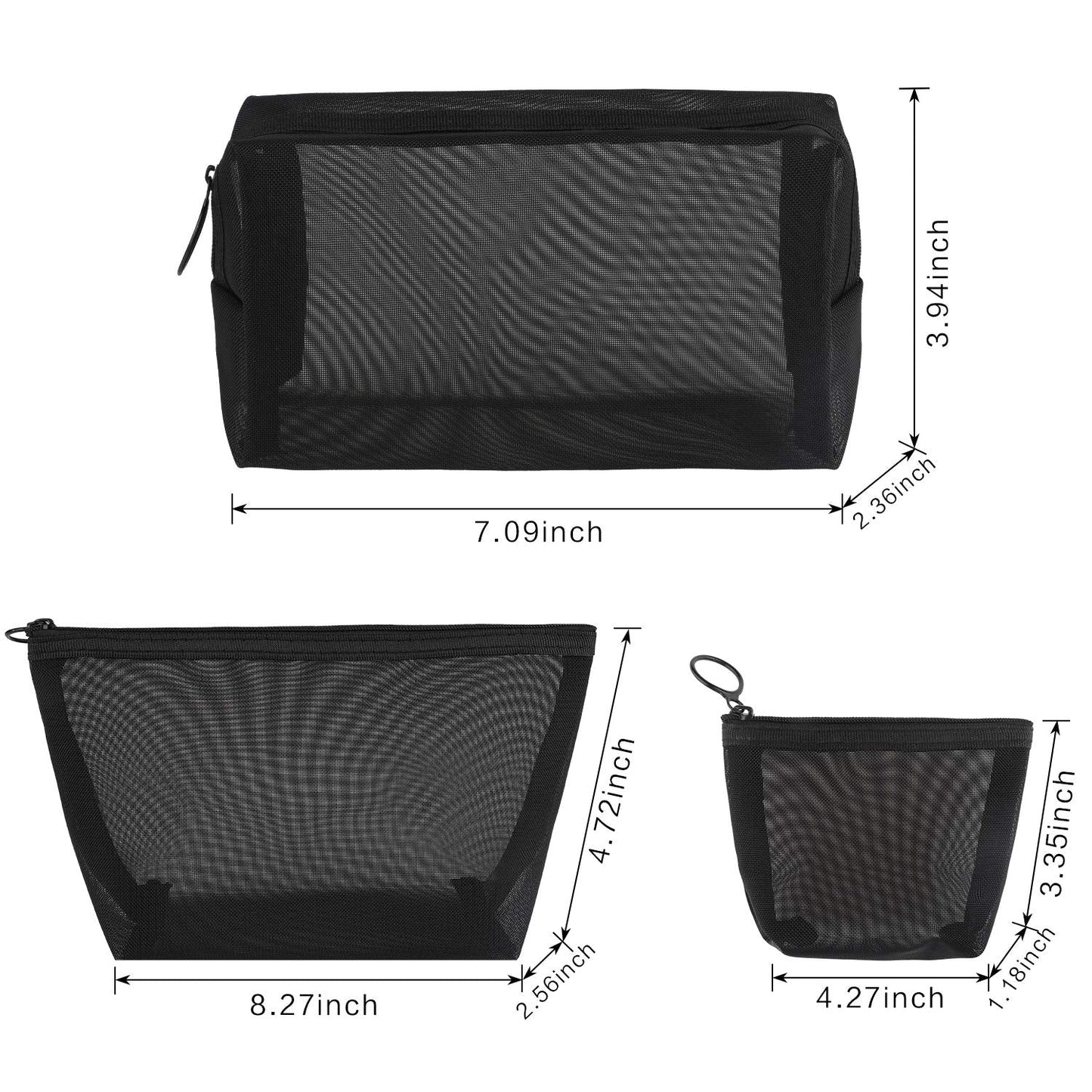 Boao 3 Piece Mesh Cosmetic Bag Mesh Makeup Bag with Zipper Pouch Travel Toiletry for Makeup Organizer Home Office Travel Accessories(Black)