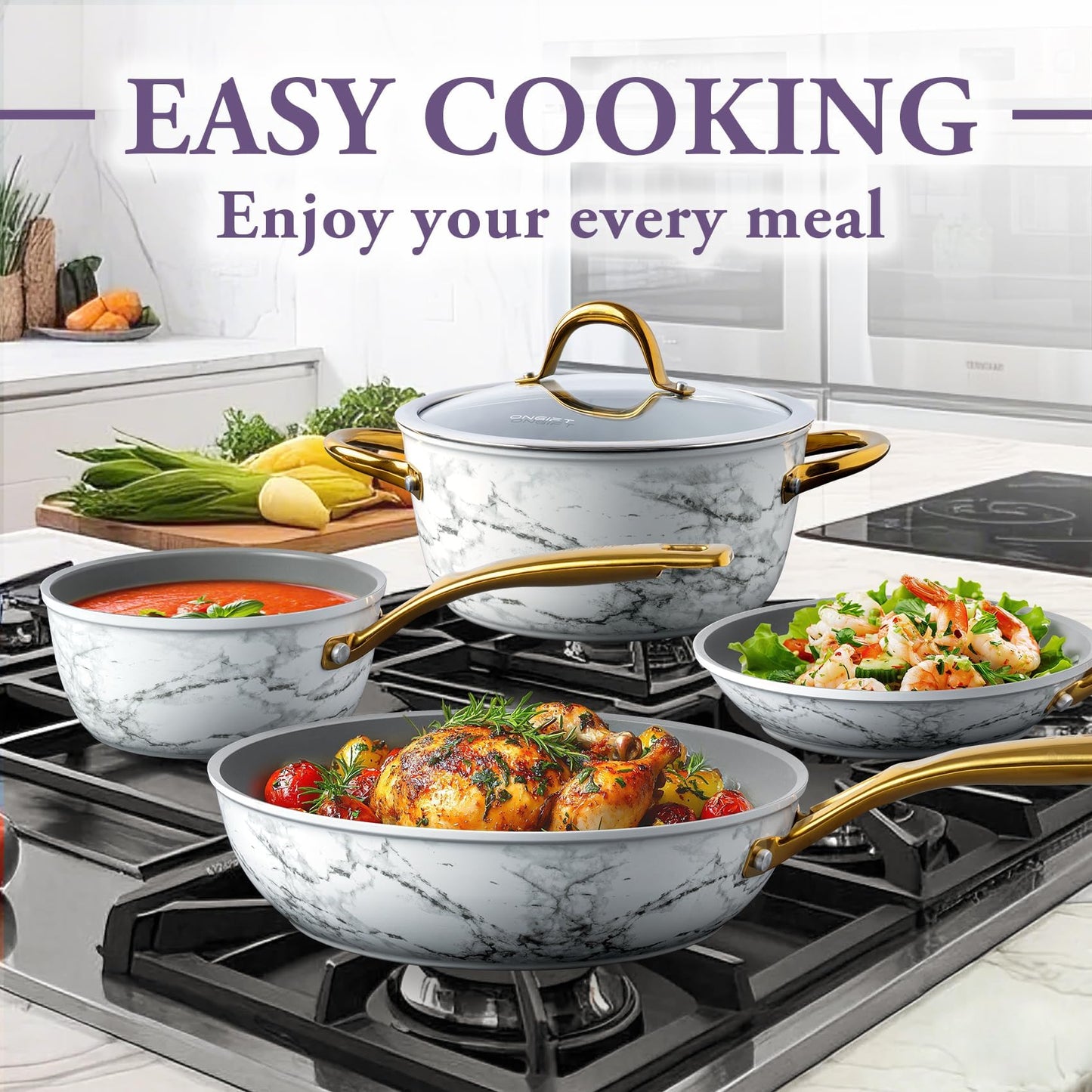 ONGIFT 16Pcs Nonstick Cookware Sets, Kitchen Pots and Pans Set Non Stick for Cooking, Non Toxic Induction Cookware, Oven & Dishwasher Safe, Mable White