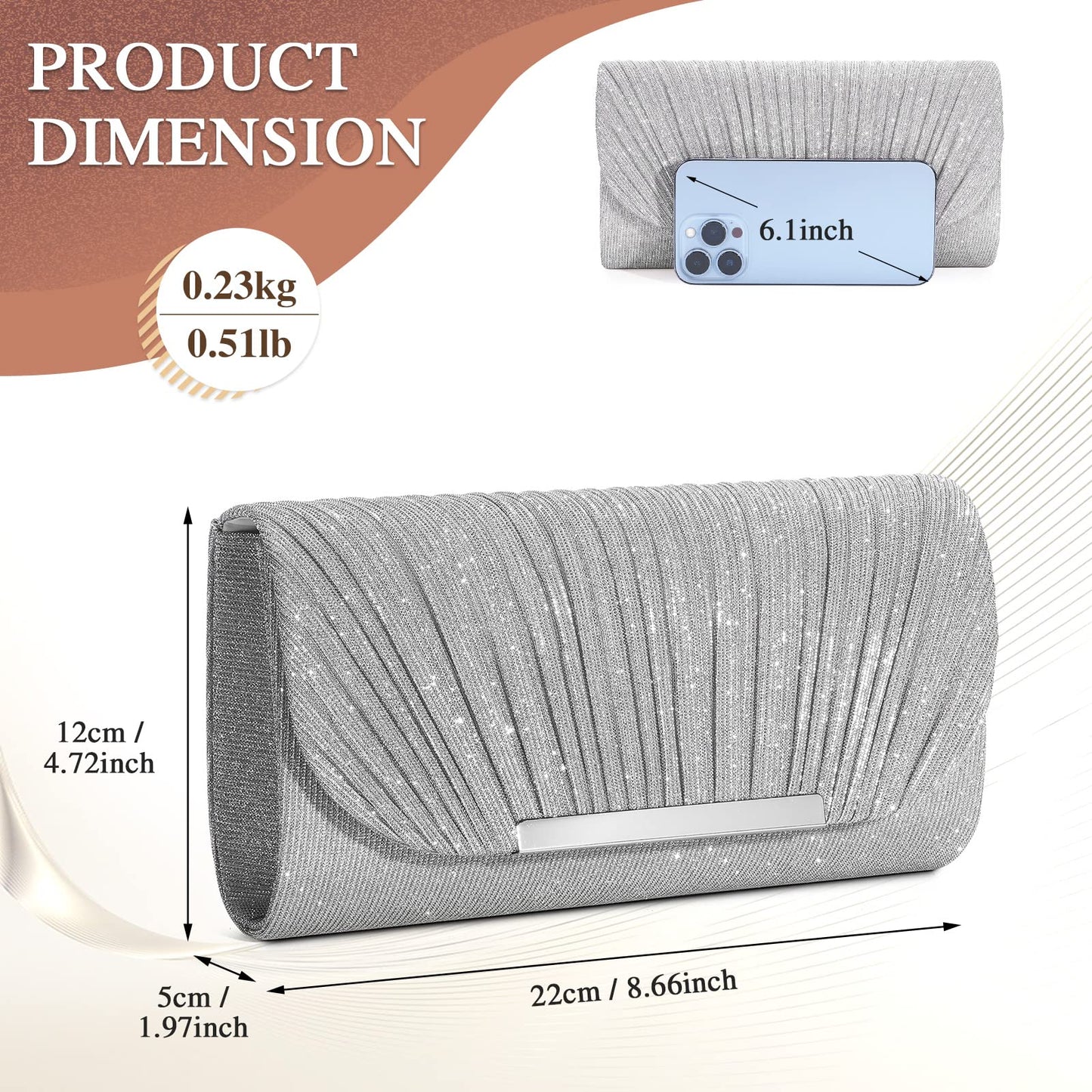 UBAYMAX Evening Bag Clutch Purses for Women Handbags Shoulder Crossbody Wedding Bag for Prom Cocktail Party Wedding (Silver)