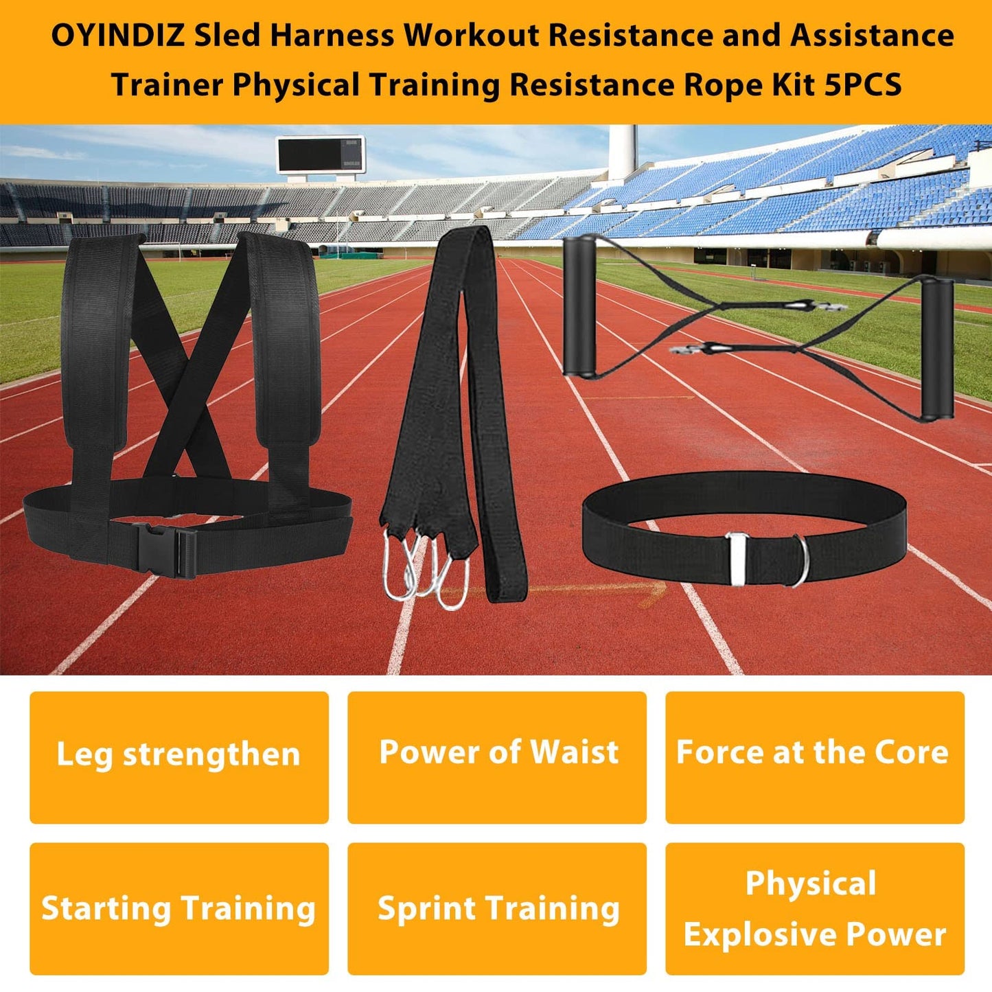 OYINDIZ Weight Sled Harness Set, 5 PCS Pulling Strap for Running, Speed Power Agility Training Full Body Workout Football Exercise Equipment for Outdoor Men and Women 6.6FT