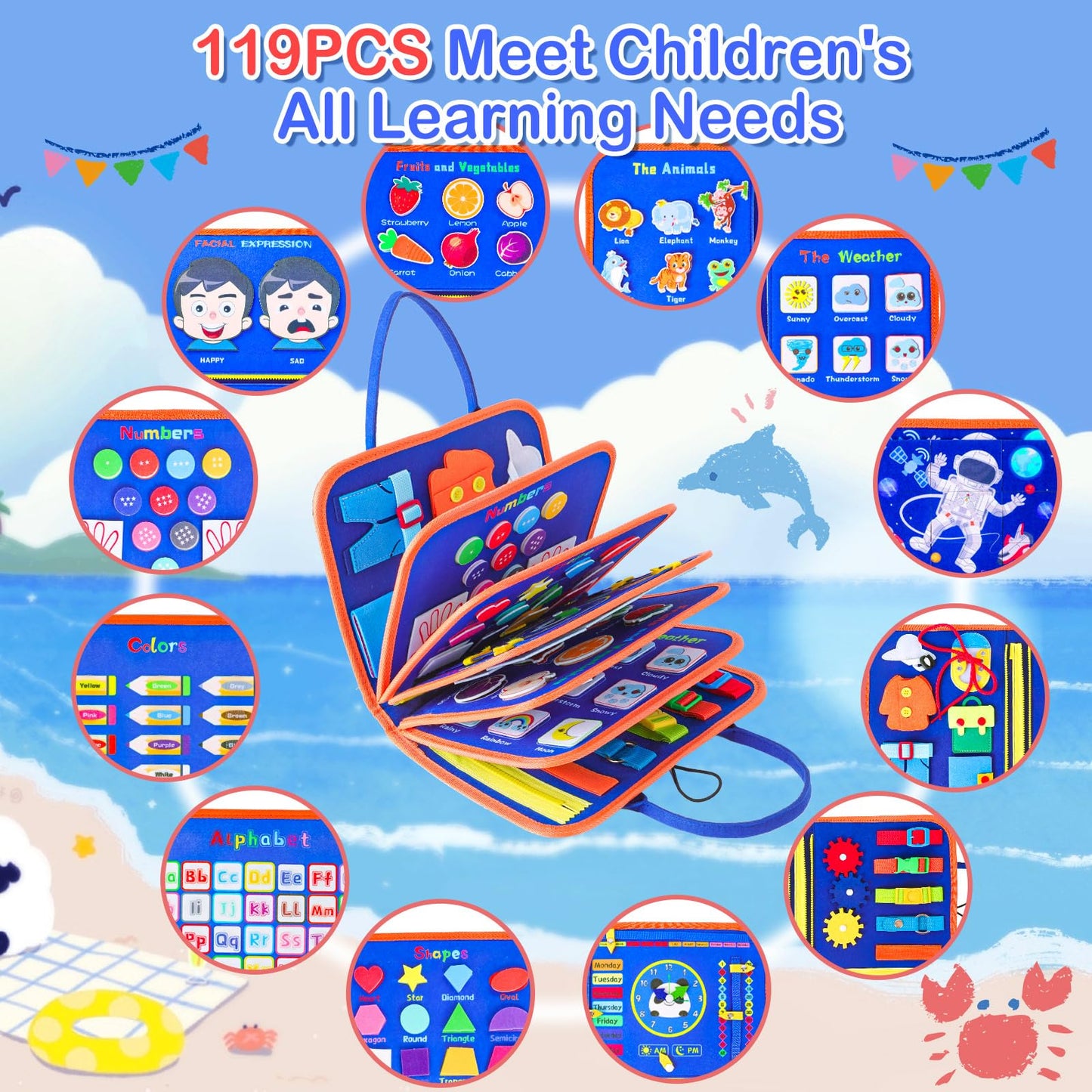 BESNEL Busy Board for Toddlers 2-4, Busy Book for Preschoolers, Educational Activity Sensory Board for Learning Fine Motor Skills, Zipper Board, Gifts for Boys & Girls