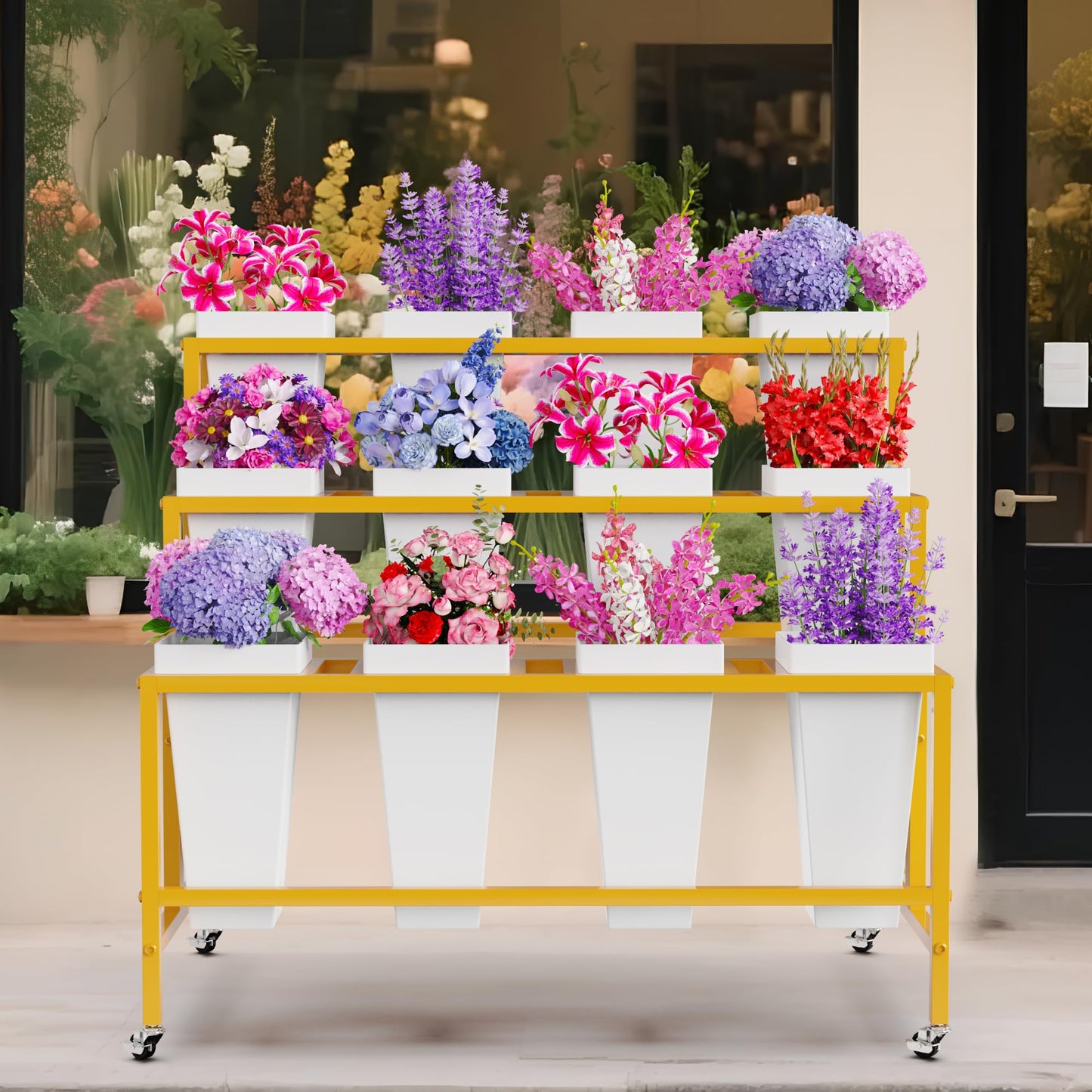 Putros Flower Display Stand with 12 Buckets Gold 3 Layers Metal Floral Cart with Wheels Moving Florist Bouquet Bar Plant Shelf for Indoor Outdoor Patio Garden Party Decor