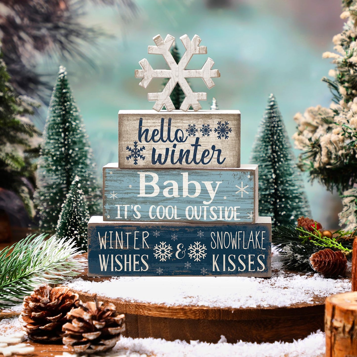 Moucuny 4 Pcs Winter Decorations for Home Reversible Christmas Winter Table Sign Wooden Snowflake Decoration Double Side Christmas Tiered Tray Decor Holiday Table Centerpiece for Xmas Home Decor