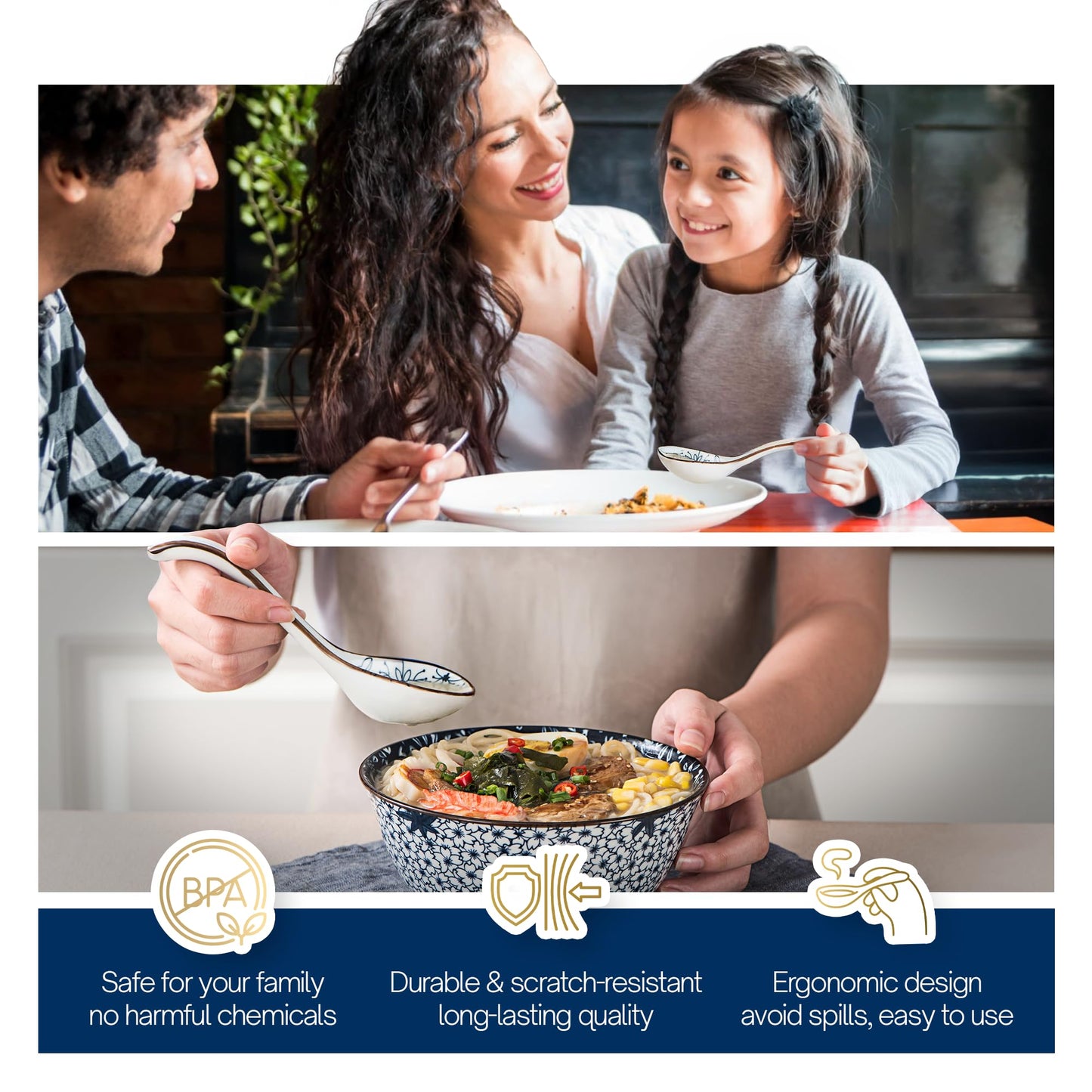 KHOI NGUYEN Asian Soup Spoon Set of 4, Ceramic Pho Spoons, Ramen Spoon, Chinese Soup Spoons, Vietnamese Gifts, Non-Slip, Dishwasher Safe for Ramen, Pho, Wonton, Miso, Dumplings, 4pcs