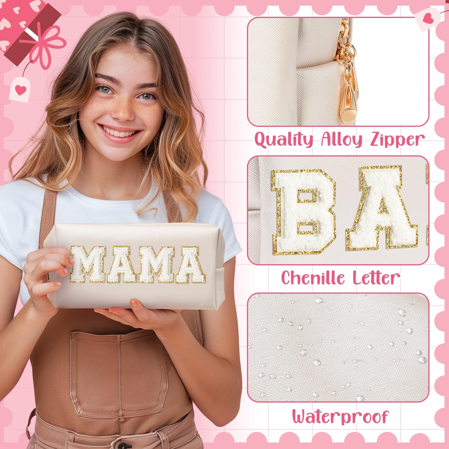 CY2SIDE MAMA Baby Letter Makeup Bag - 2PCS White MAMA and BABY Chenille Letter Patch Cosmetic Bag Pink PU Leather Patch Pouch Waterproof Portable Zipper Travel Organizer Case Xmas Gifts for Mom Women