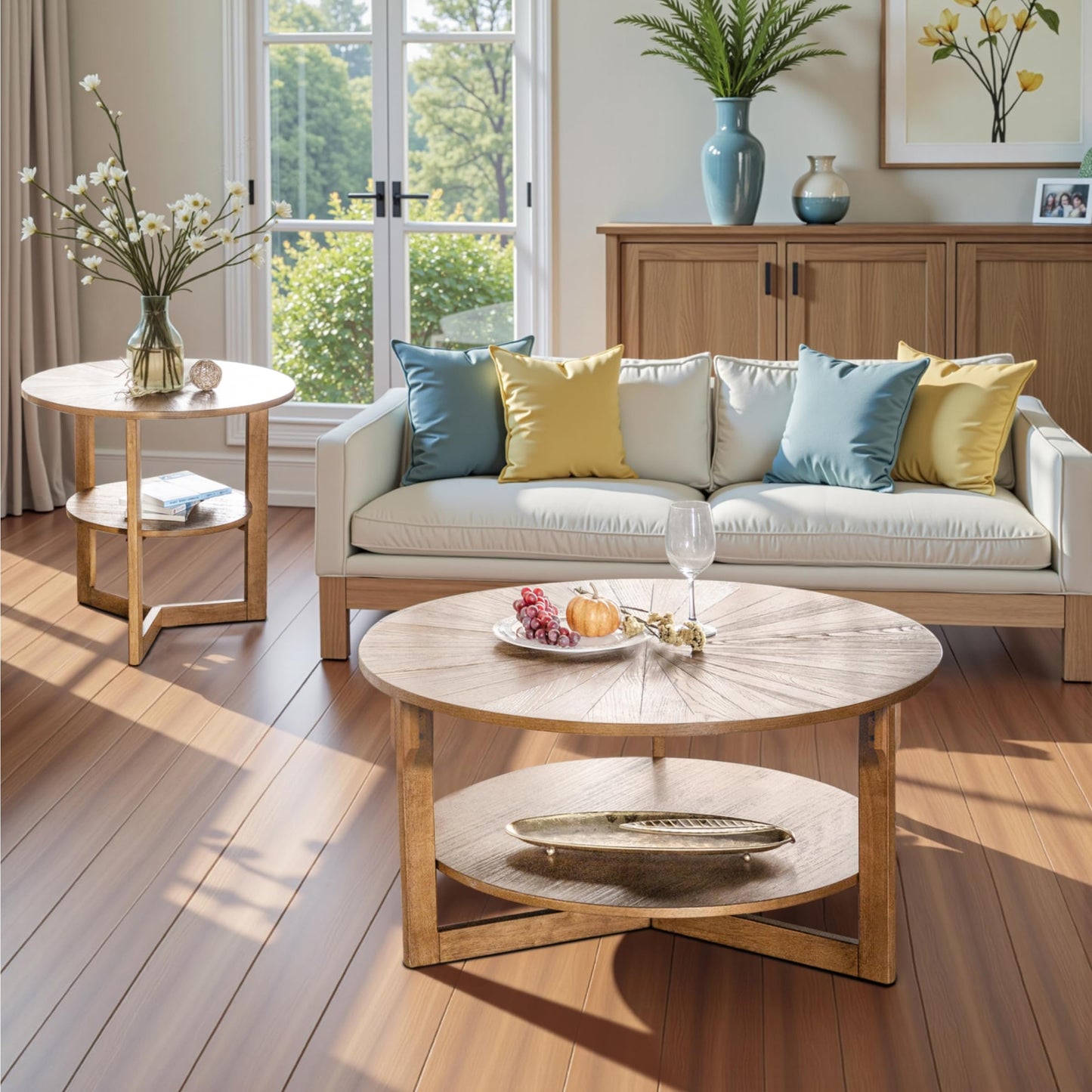 DS-HOMEPORT Wood Round Coffee Table for Living Room, 2 Tier Circle Coffee Table with Storage, Rustic Natural Coffee Table for Apartment, Easy Assembly (Espresso,35" Dx35 Wx18 H)