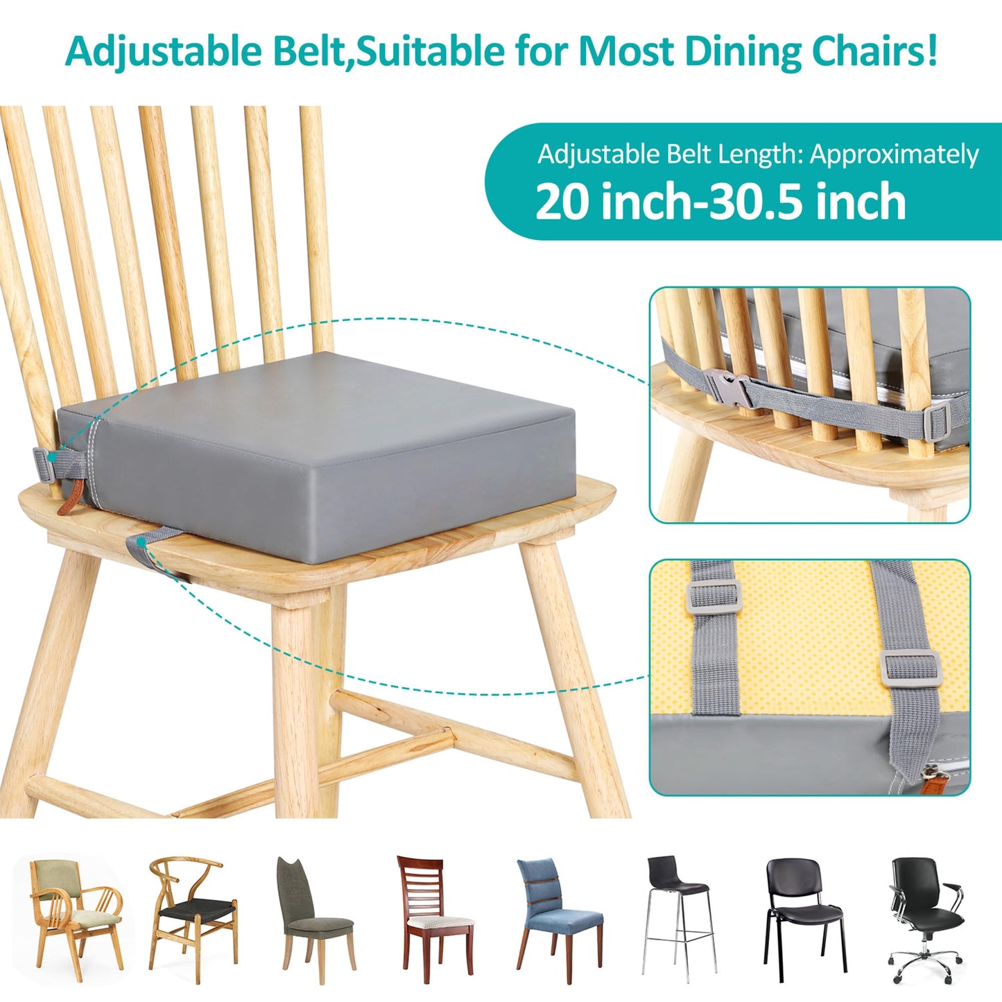 Toddler Booster Seat for Dining Table, Stronger Support Non-Slip Bottom Booster Seat for Kitchen Chair 2 Adjustable Straps Portable Travel and Home Increasing Booster Cushion Kid Baby(Grey)