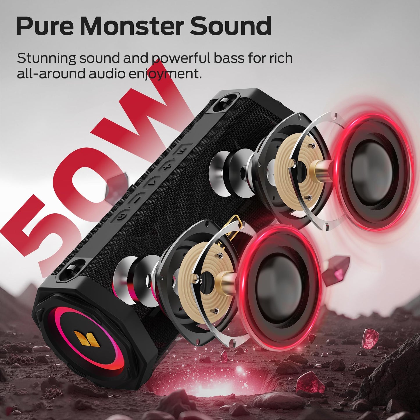 Monster Speaker S200 Wireless Portable Bluetooth Speaker, 24H Playtime, IPX6 Waterproof, 50W Stereo Sound, Bluetooth 5.4, Dual Bass Speakers, Perfect for Home, Parties, and Travel.
