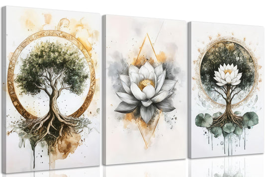 3Pcs Zen Meditation Lotus Canvas Wall Art Spiritual Bathroom Yoga Spa Paintings Pictures Wall Decor Tree of Life Posters Prints Artwork for Living Room Office Bedroom Home Decoration.