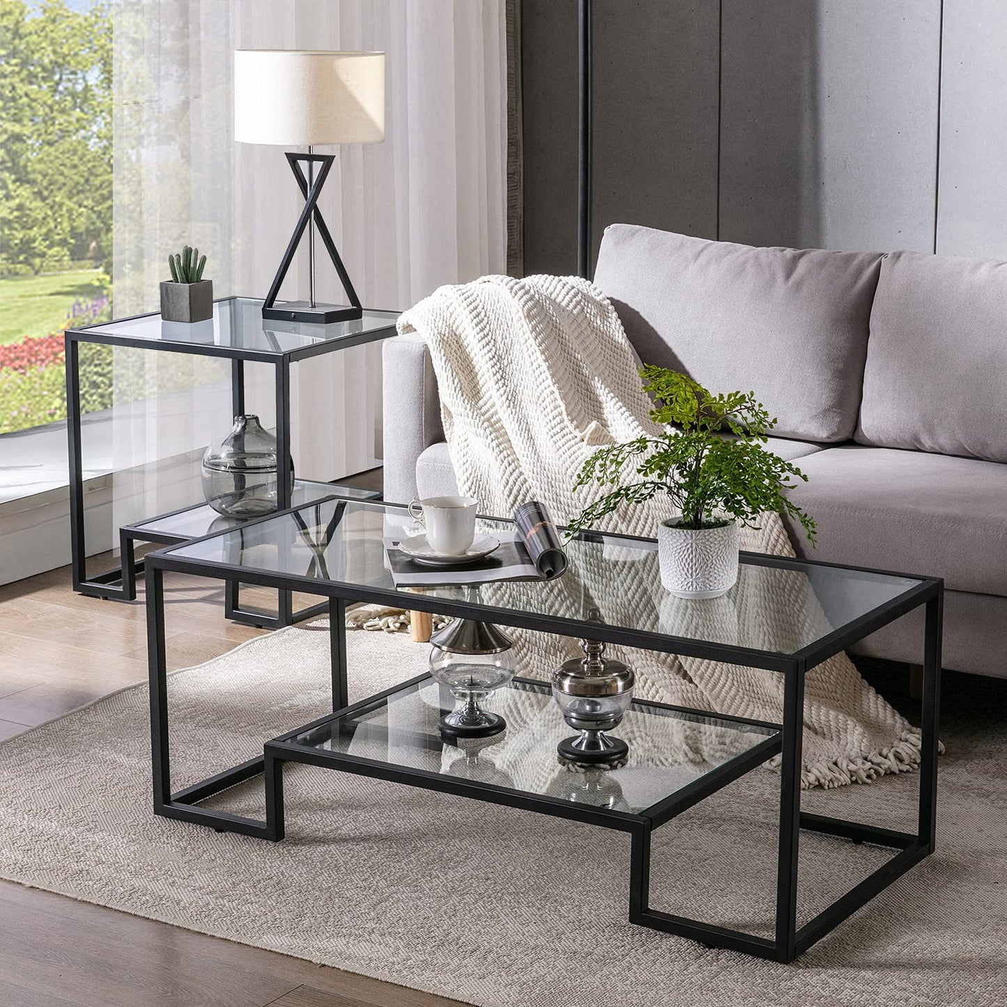 Metal Glass Coffee Table, Black Accent Modern Tempered Glass Side Table, Additional Storage Shelf, for Living Room Home Classy Furniture Office Decor