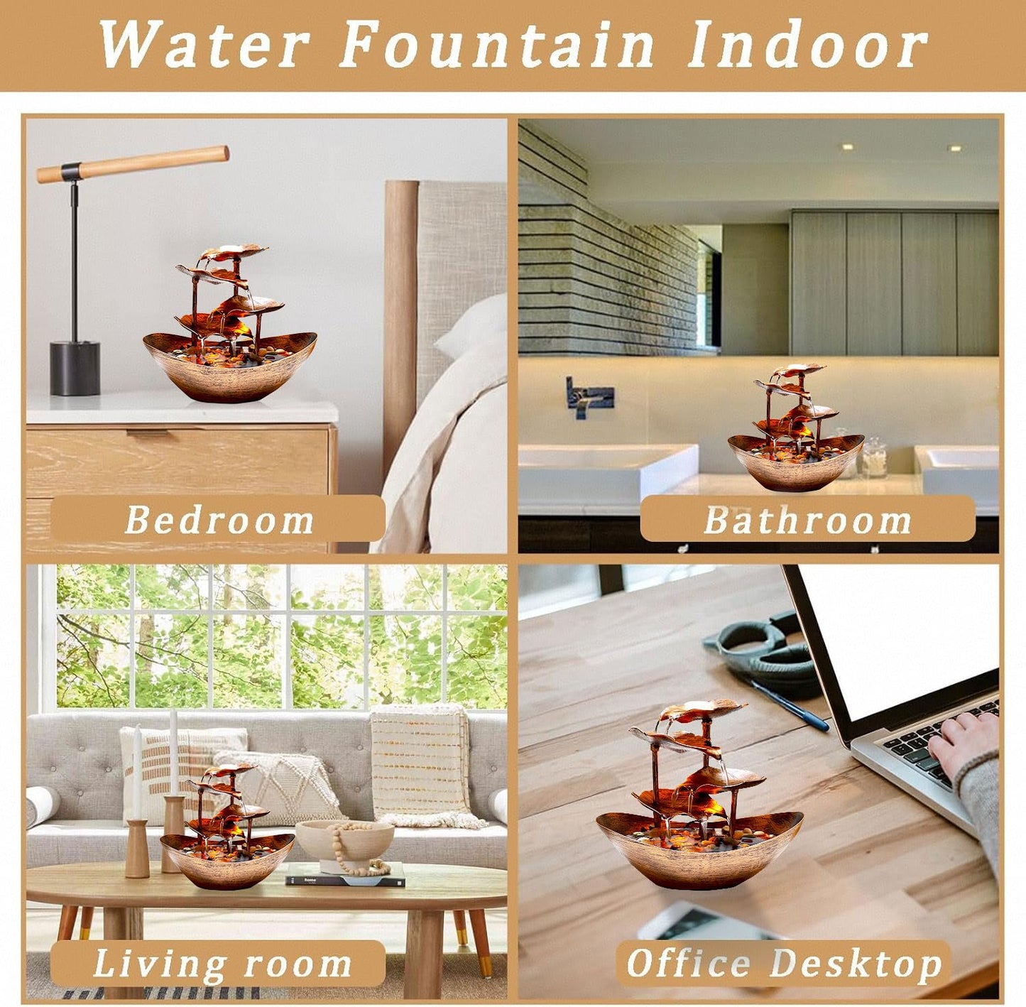 Resin Bronze Lotus Leaf Tabletop 4-Tier Fountain with Waterfall for Home Decoration